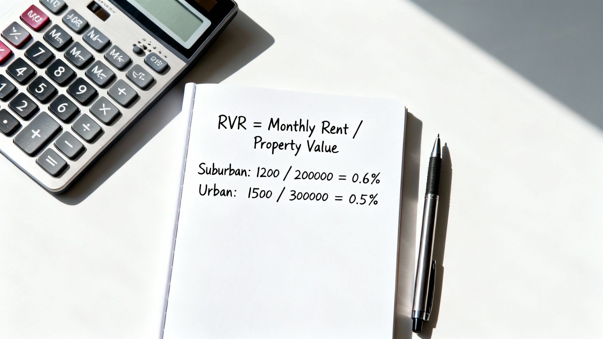A notebook displays the Rent-to-Value Ratio (RVR) formula and examples, with a calculator and pen.