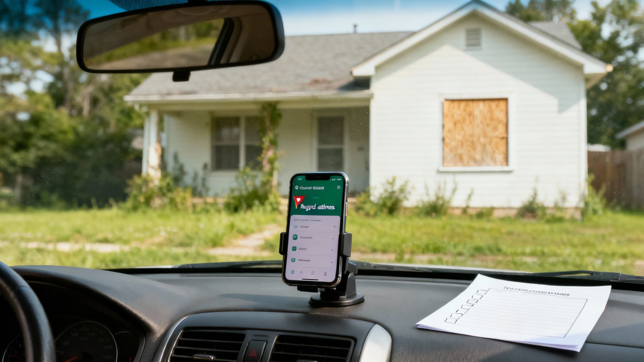 View from inside a car of a distressed house with a boarded window and a property search app on a phone.