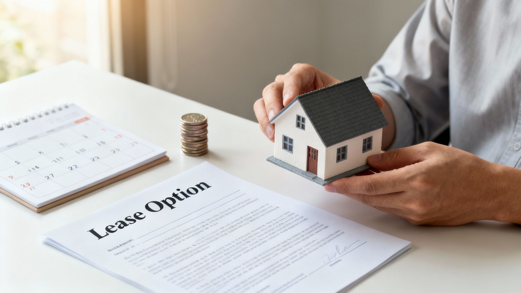 Person holds a small model house, with a 'Lease Option' document, coins, and calendar on a desk.