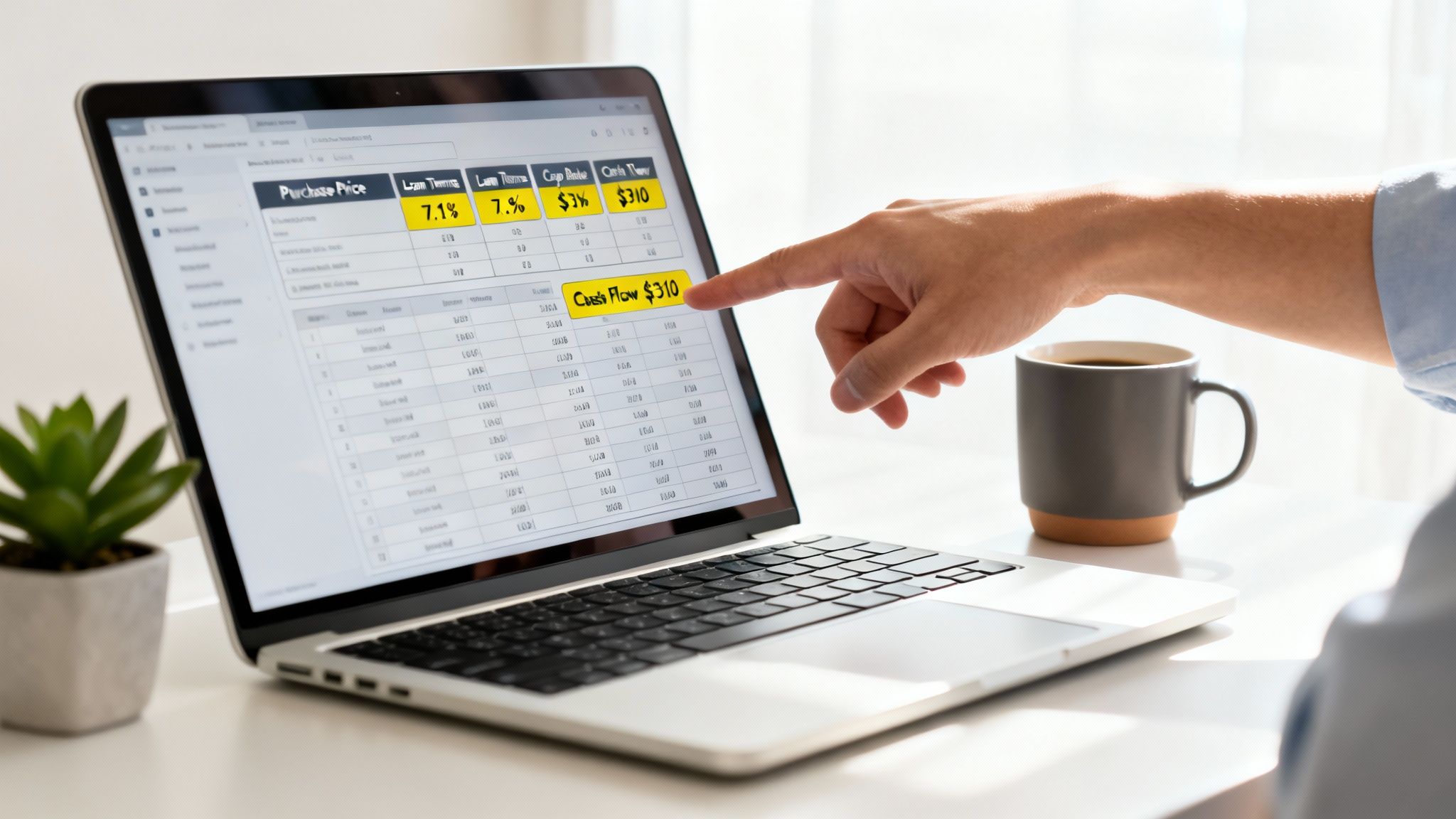 Person's hand pointing at a laptop screen displaying a rental property valuation calculator with 'Cash Flow $310' highlighted.