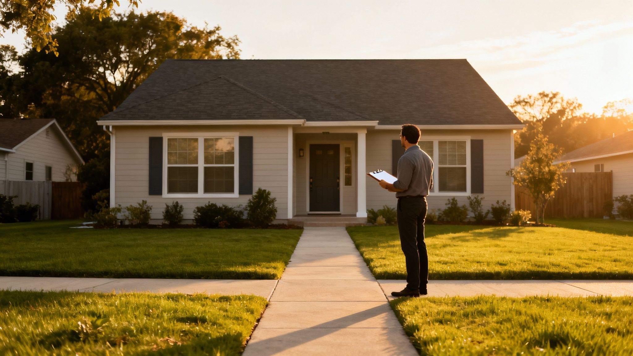 Man stands in front of a house at sunset, holding a clipboard, inspecting the property.