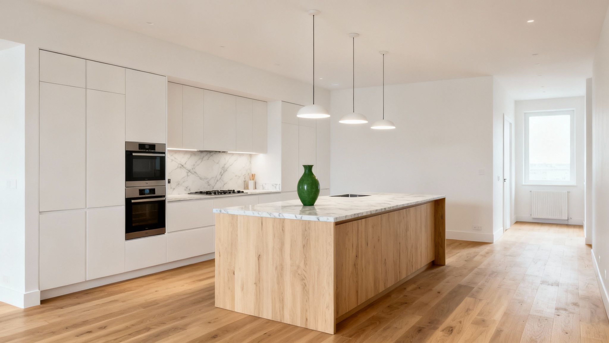 Bright, contemporary kitchen featuring white cabinetry, a wooden island with marble countertop, and pendant lights.