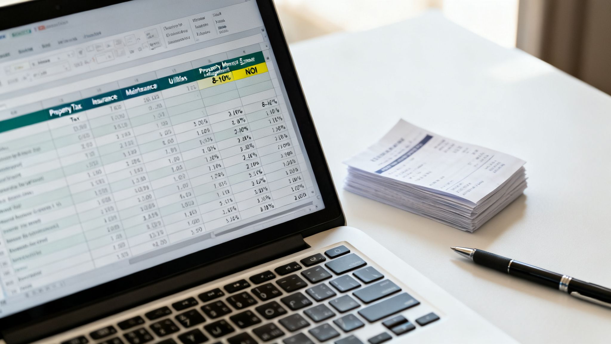 A laptop displaying a financial spreadsheet for property expenses next to a stack of papers and a pen.