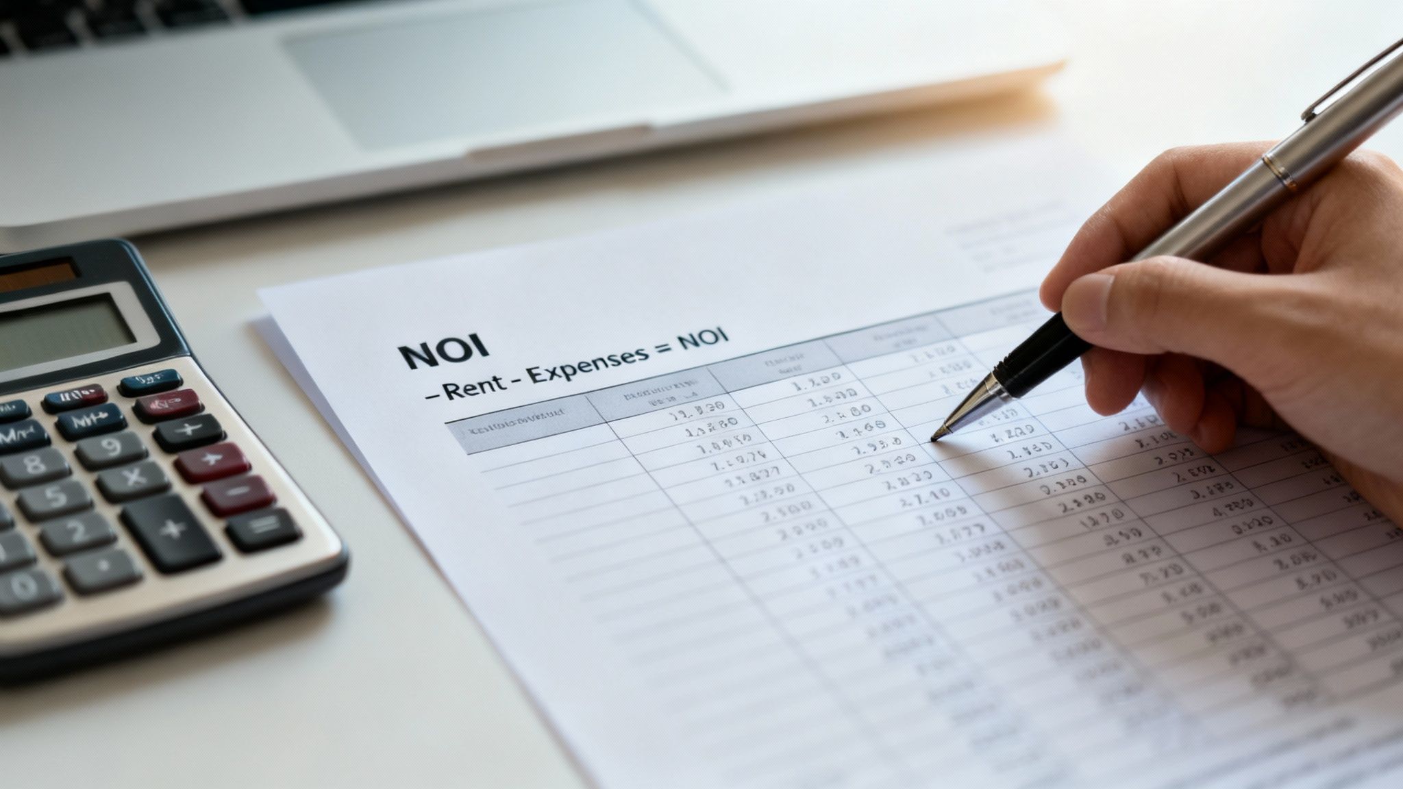 A person calculates Net Operating Income (NOI) for rental property with a pen and calculator.