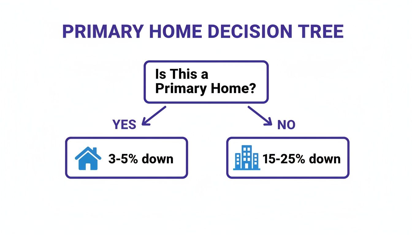 Decision tree showing down payment requirements for primary versus non-primary homes.