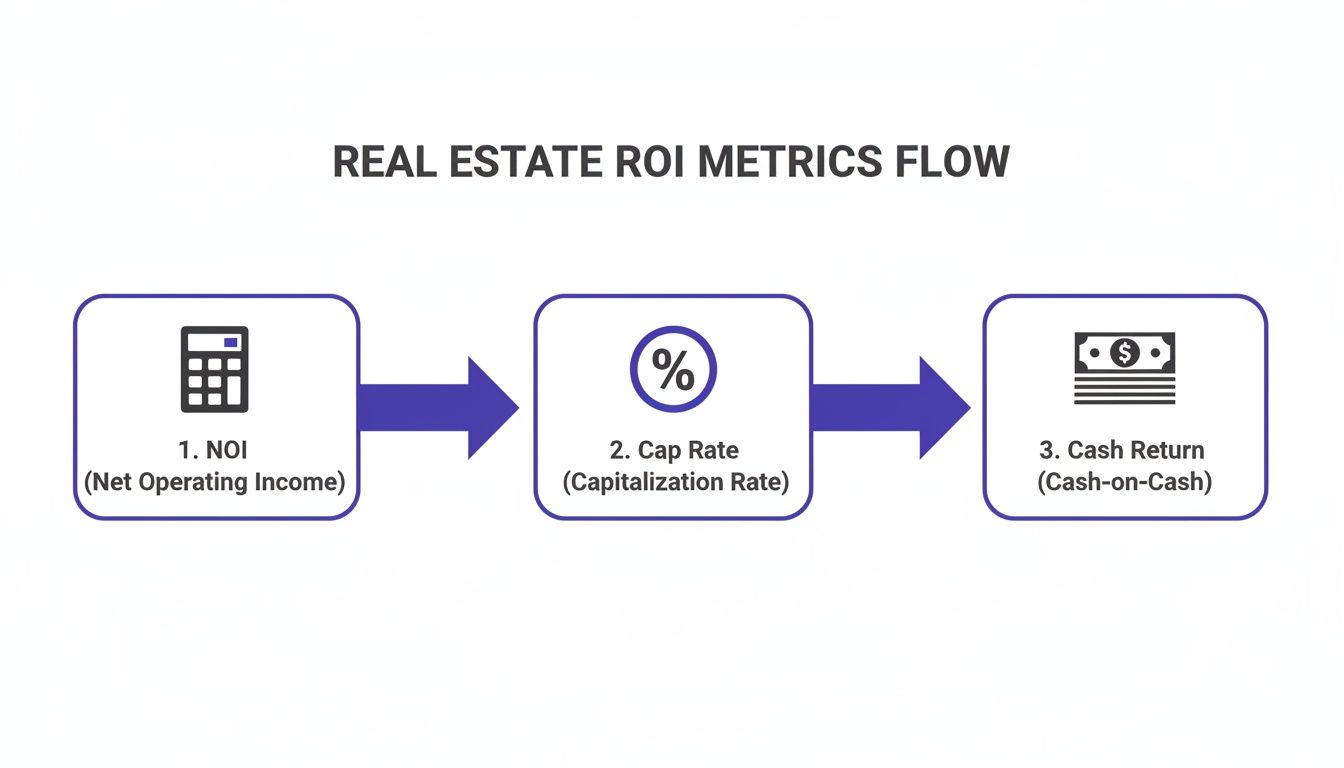 Flowchart illustrating real estate ROI metrics flow, including Net Operating Income, Capitalization Rate, and Cash-on-Cash.
