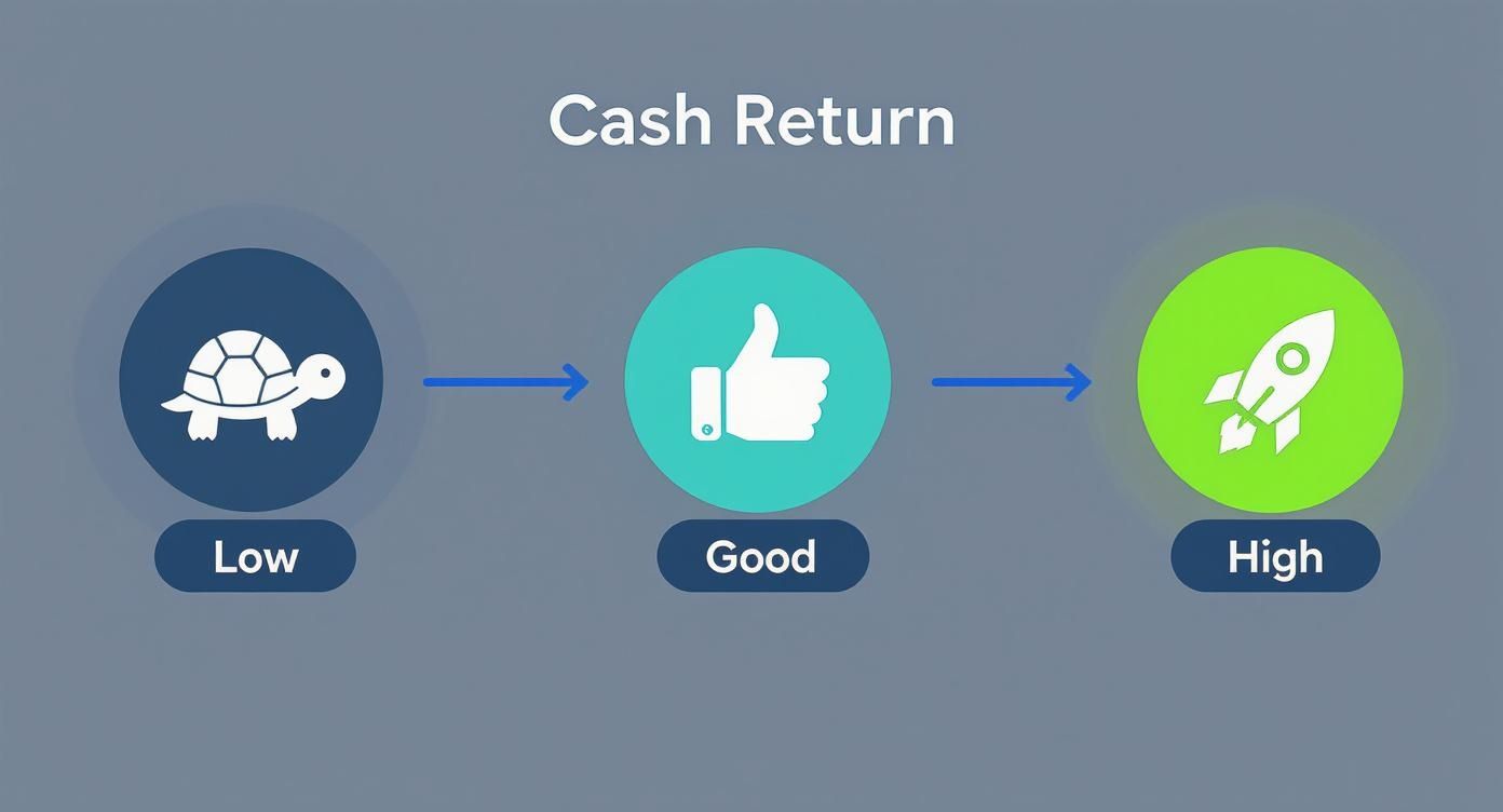 Infographic illustrating cash return levels: low (turtle), good (thumbs-up), and high (rocket).