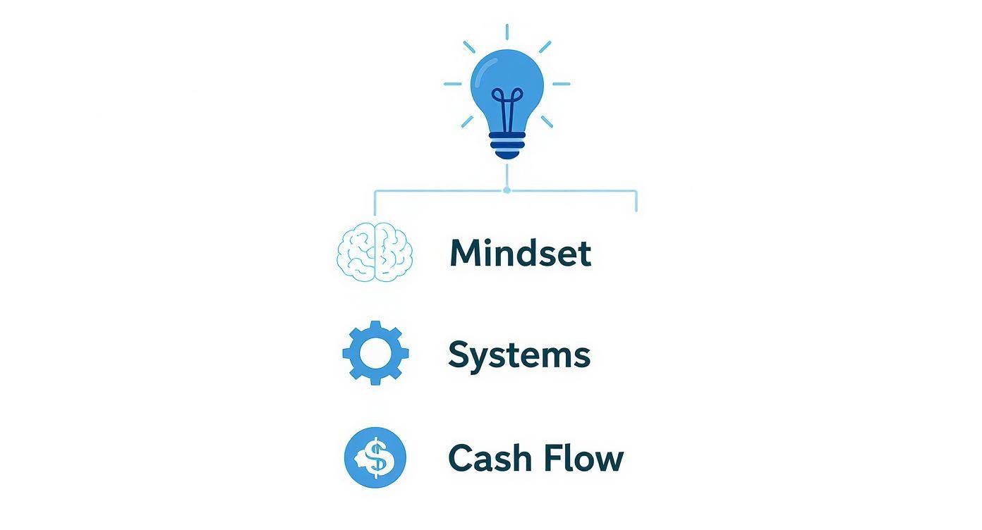 A diagram illustrating a lightbulb connected to Mindset, Systems, and Cash Flow as key elements.