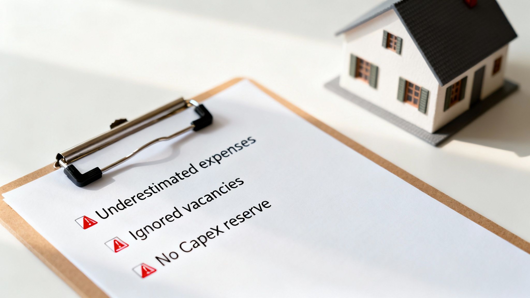 A checklist on a clipboard highlights underestimated expenses, ignored vacancies, and no CapEx reserve next to a model house.