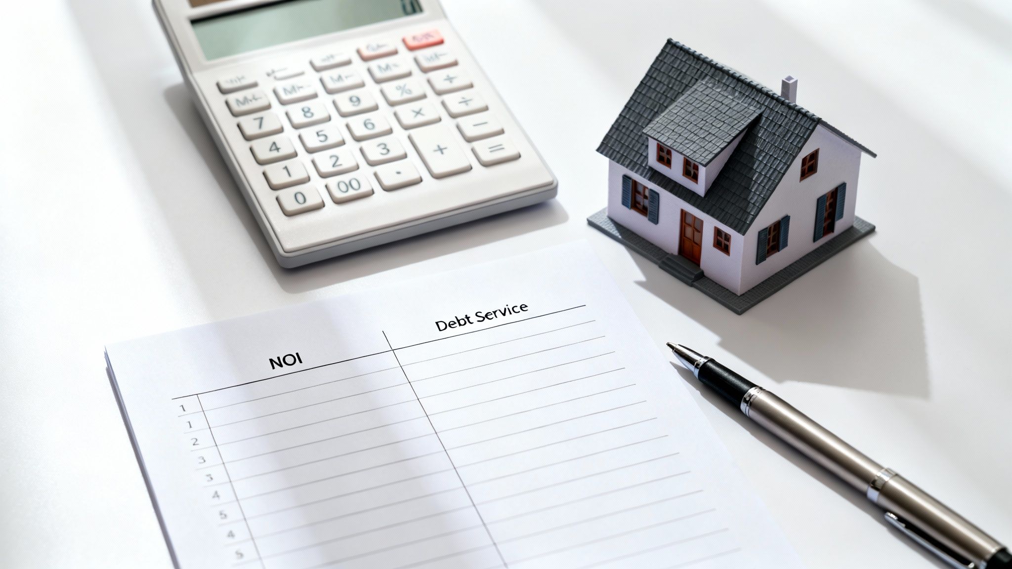 Calculator, miniature house, pen, and 'NOI Debt Service' document on a white desk.