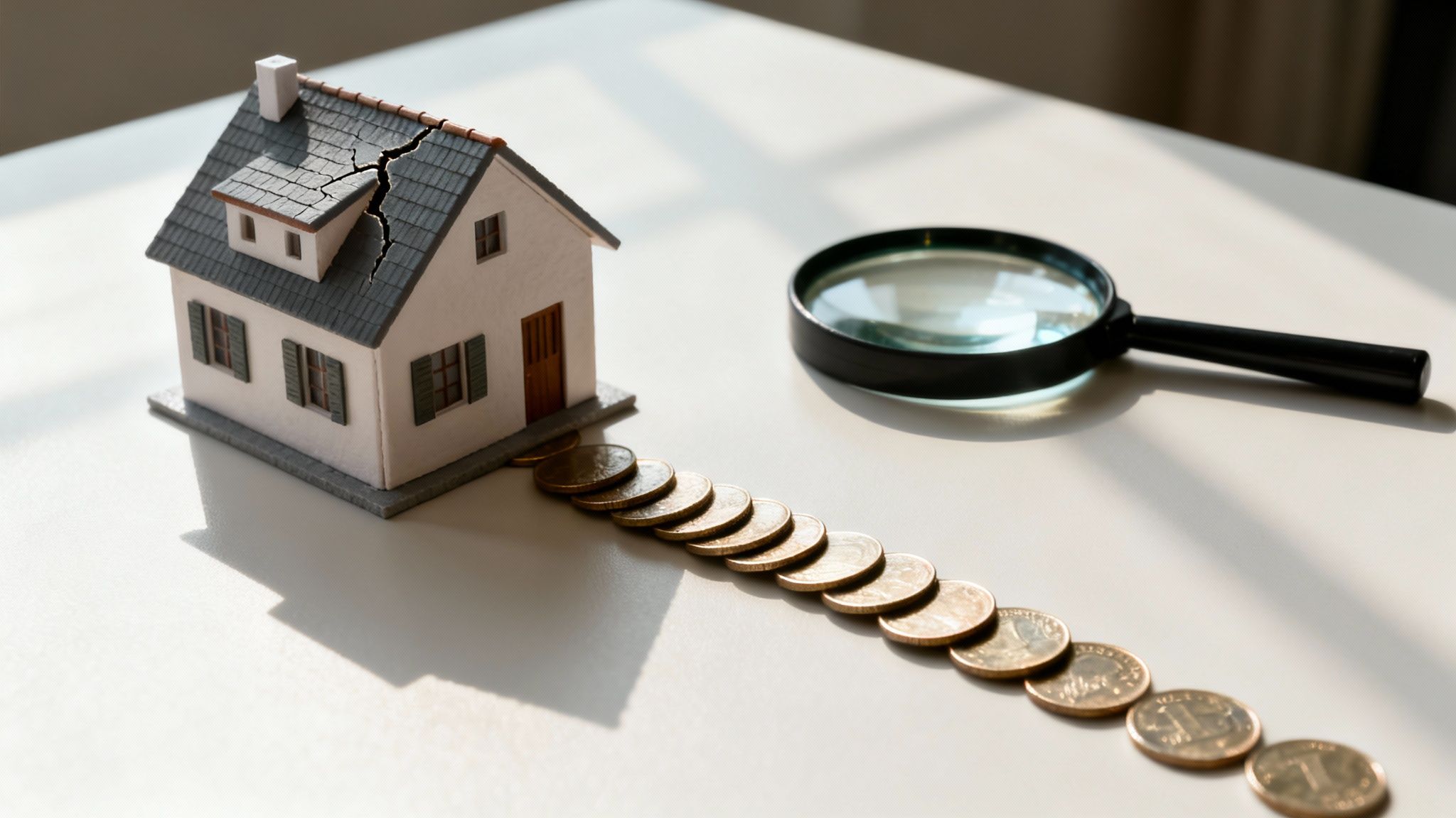 Miniature cracked house with coins and a magnifying glass on a white table, symbolizing property inspection.