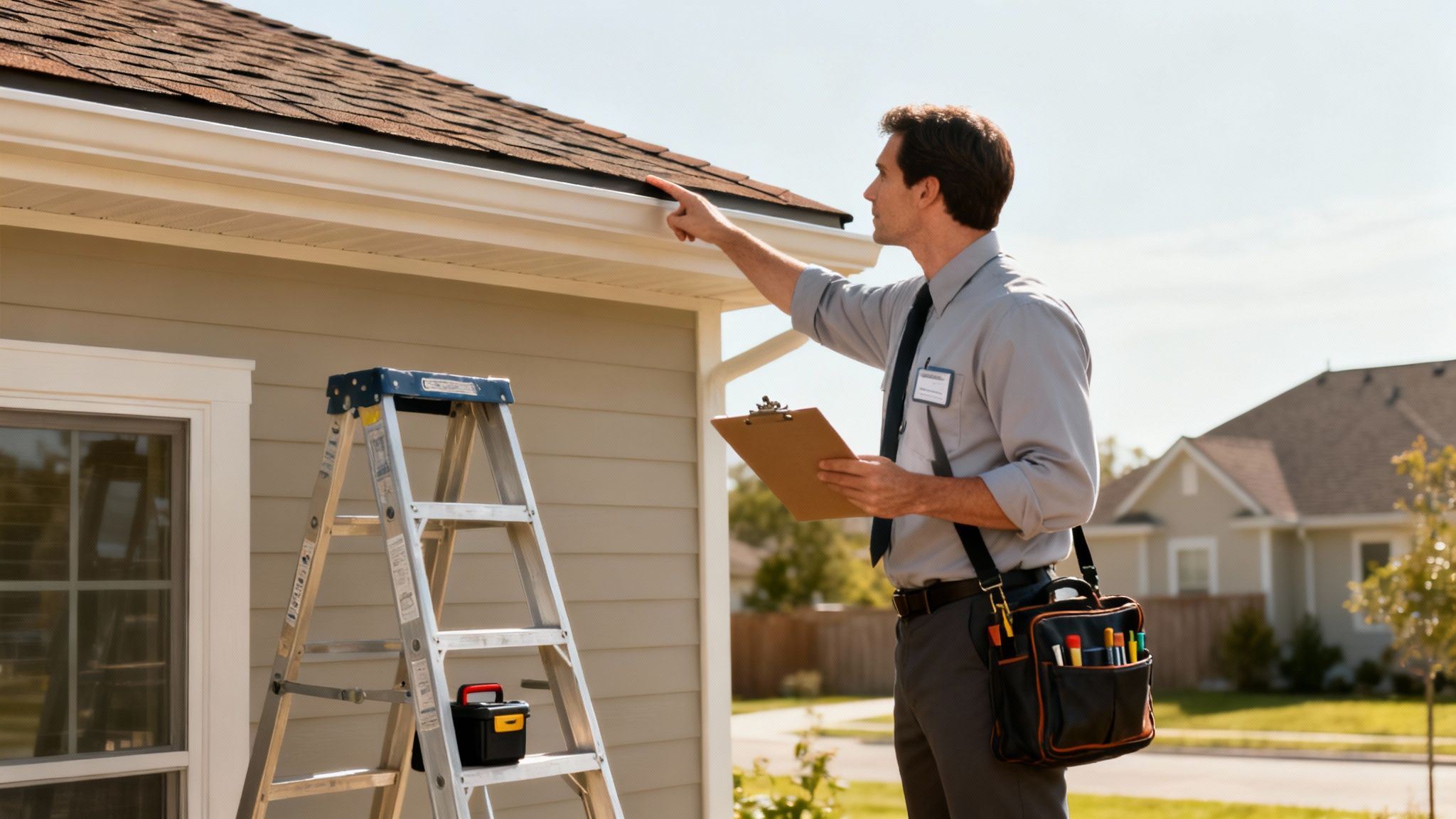 A male home inspector points at the gutter and roof of a house, holding a clipboard.