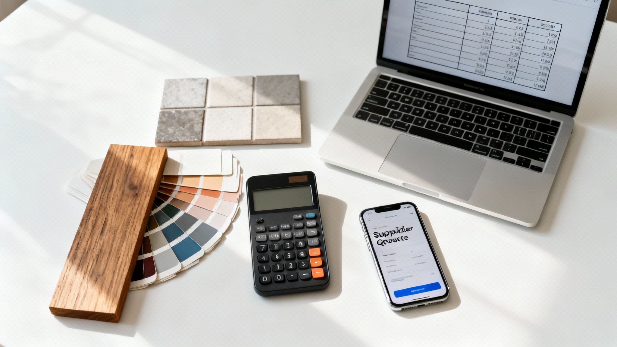 A top-down view of a desk with a laptop, smartphone, calculator, color palette, wood, and tile samples, for renovation planning.