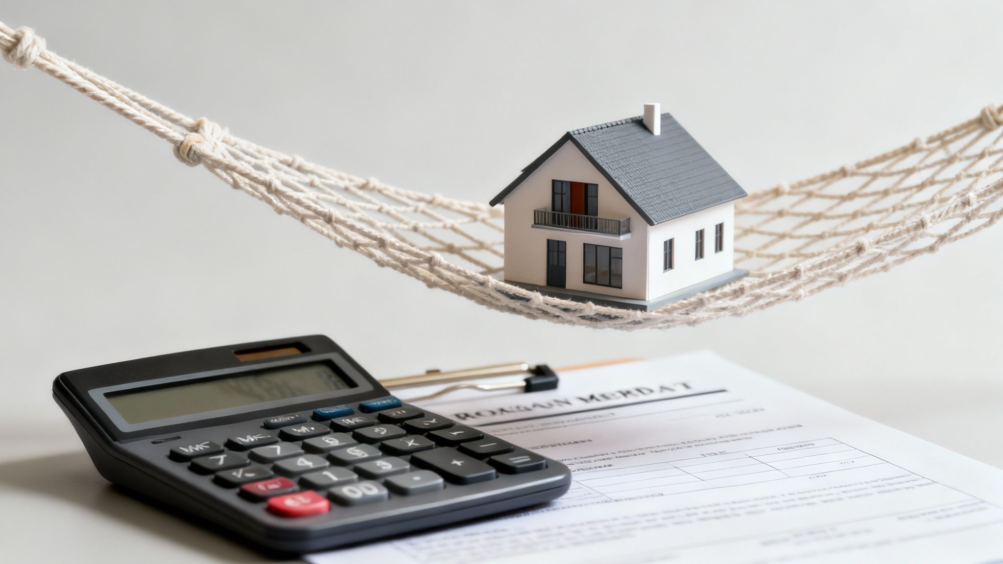 A miniature house model resting in a net hammock above a calculator and document, symbolizing home finance and security.