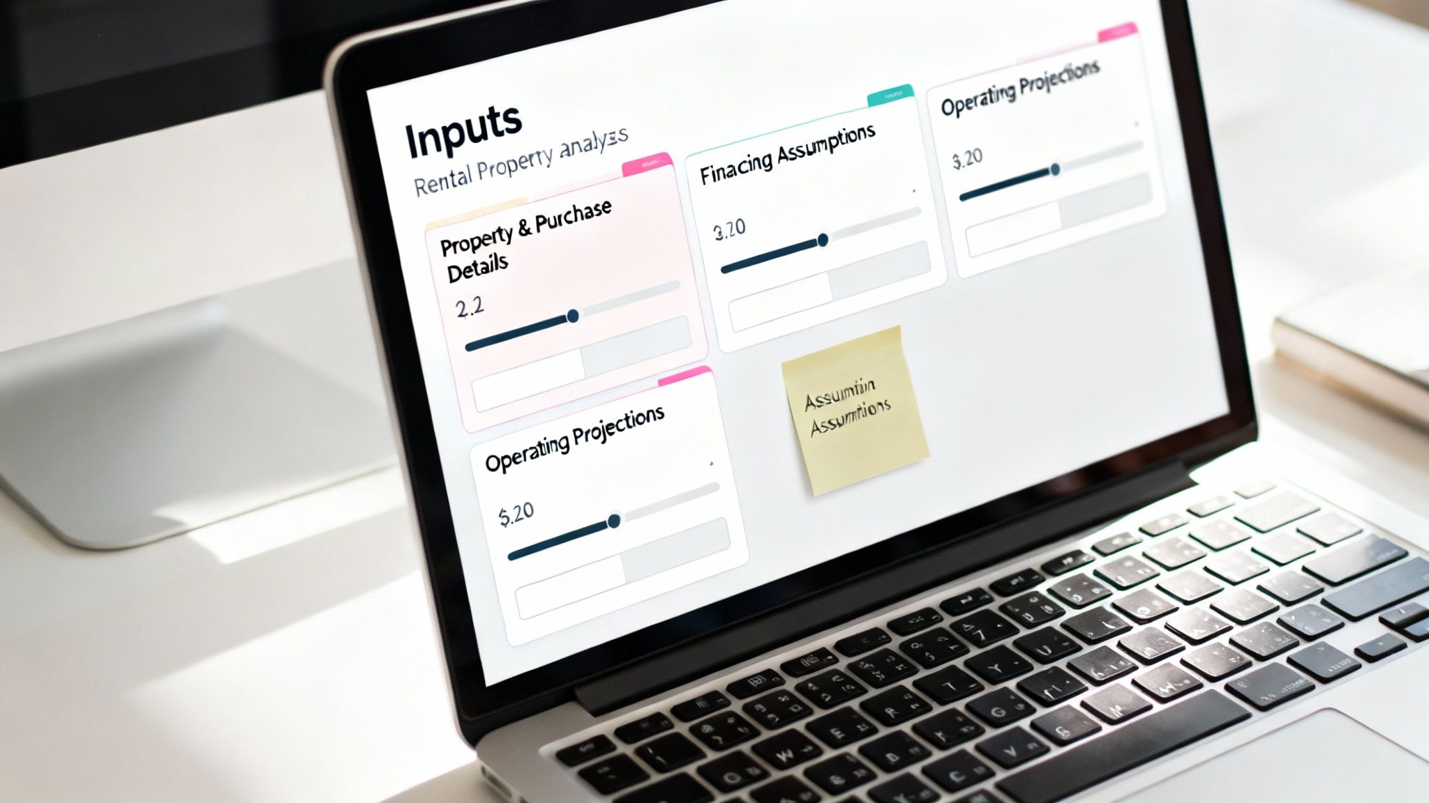 A laptop screen displays a rental property analysis application with input fields and sliders for various assumptions.