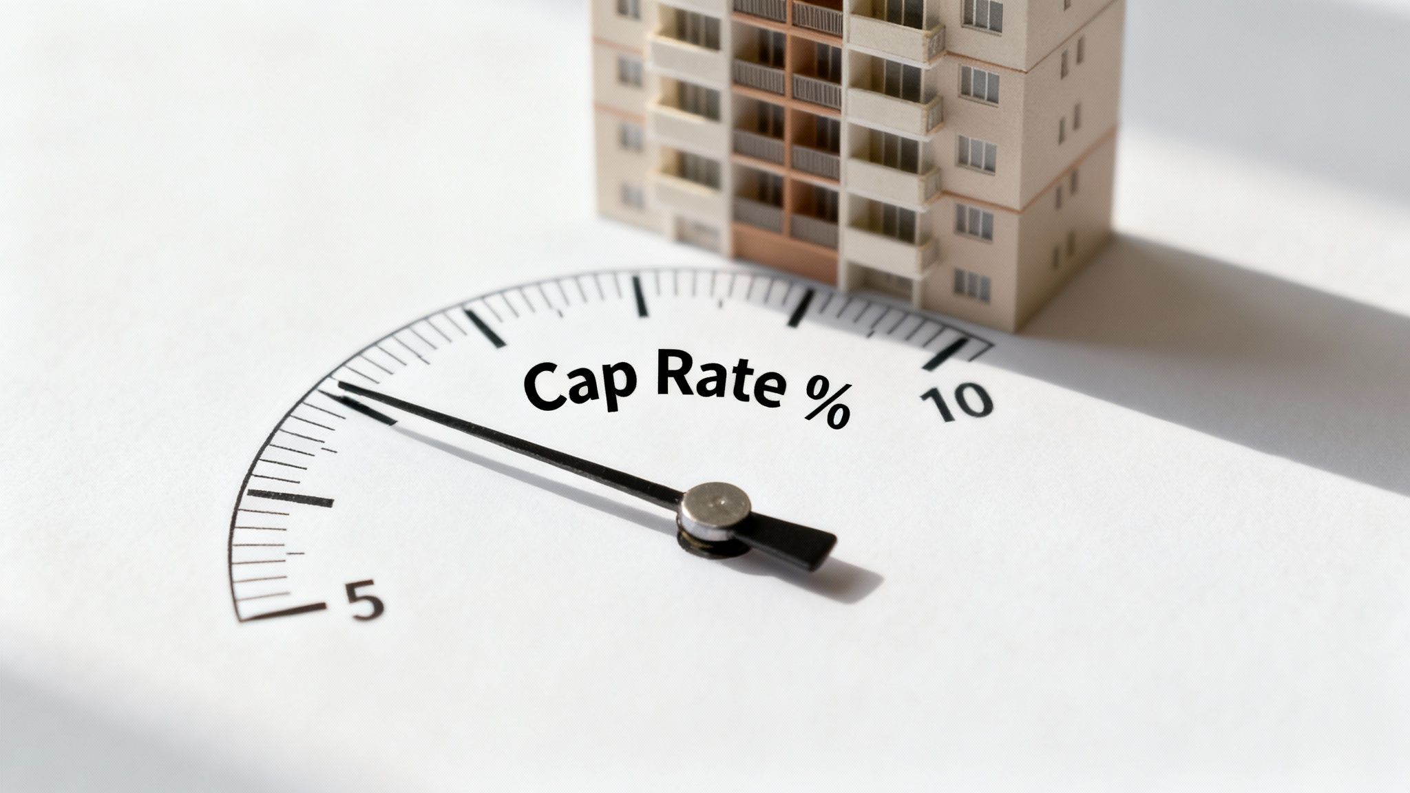 A miniature apartment building next to a Cap Rate % dial with a needle pointing between 5 and 10.