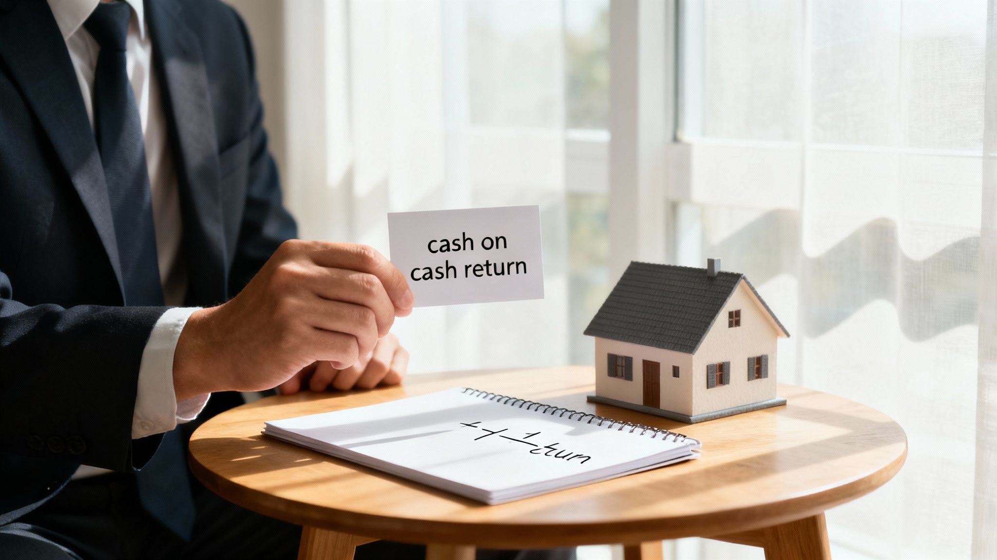 Real estate professional holding cash on cash return card with house model and calculator