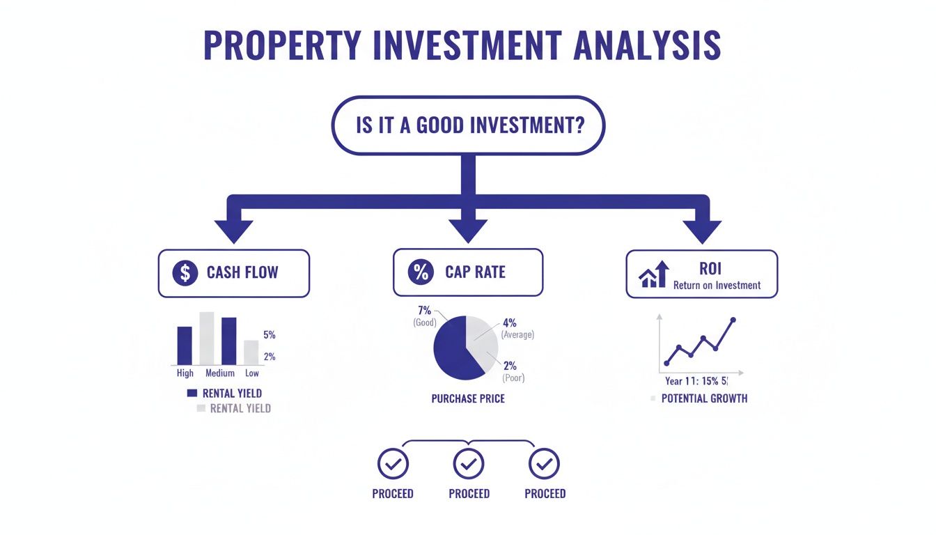 Flowchart detailing property investment analysis, evaluating cash flow, cap rate, and return on investment for decision-making.