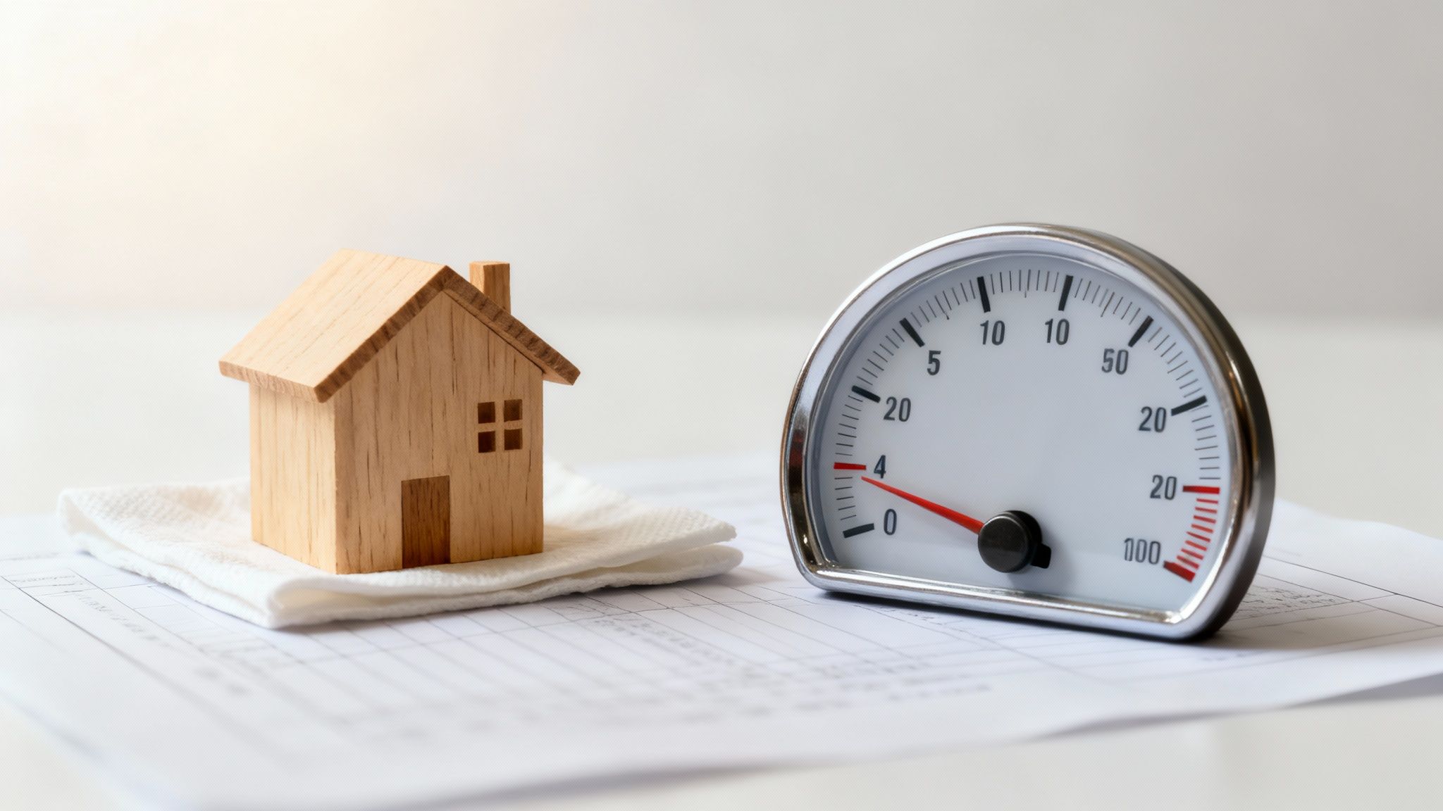 A small wooden house model sits on a white cloth next to a gauge with a red needle pointing to -4.