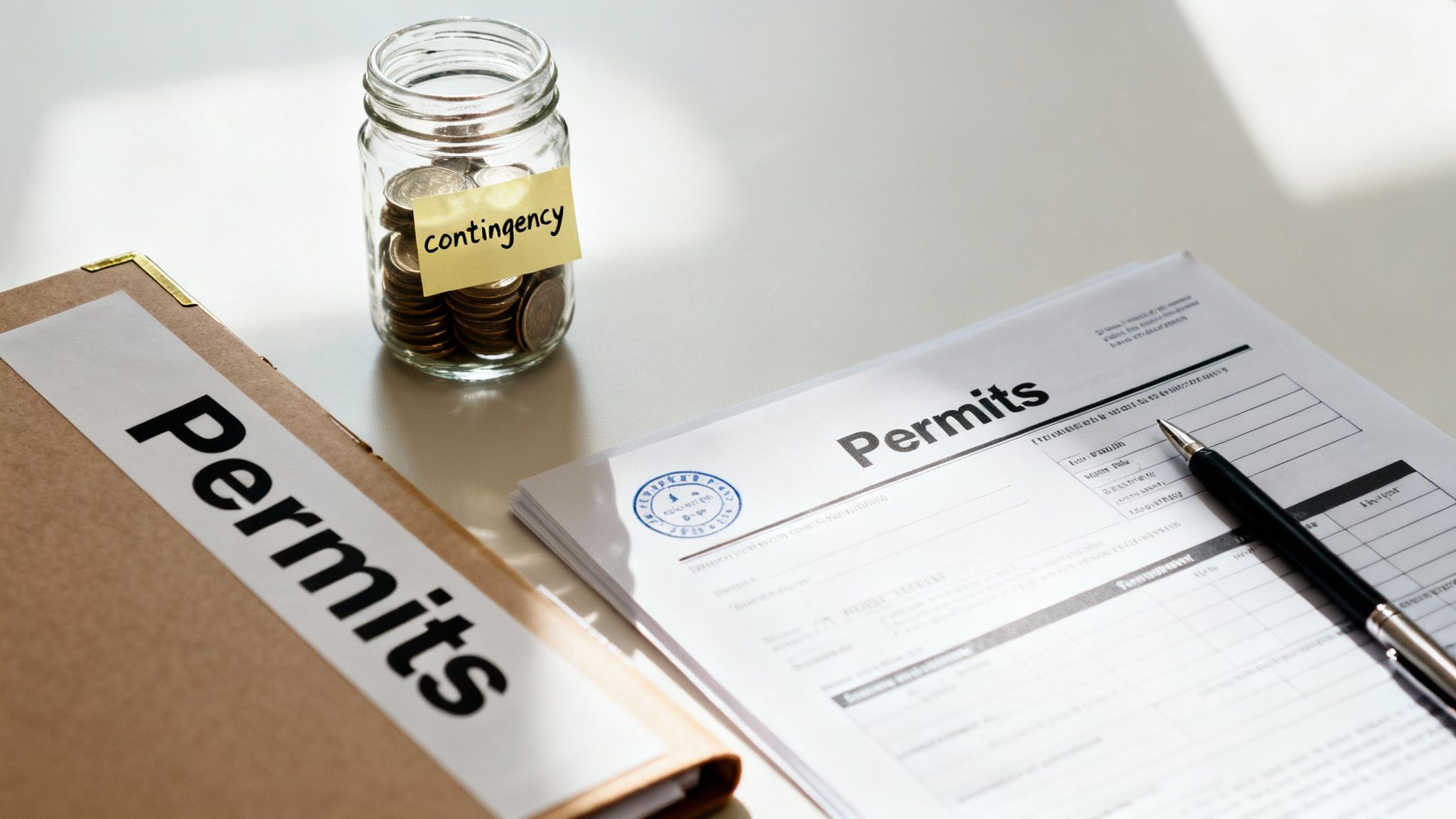 A glass jar labeled 'contingency' filled with coins next to 'permits' documents and a pen.