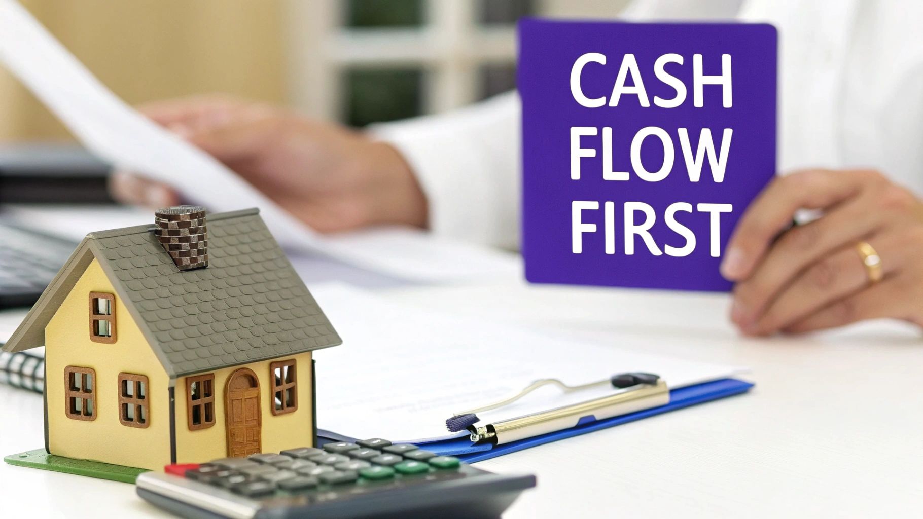 Real estate investor holding cash flow first sign with model house and calculator on desk
