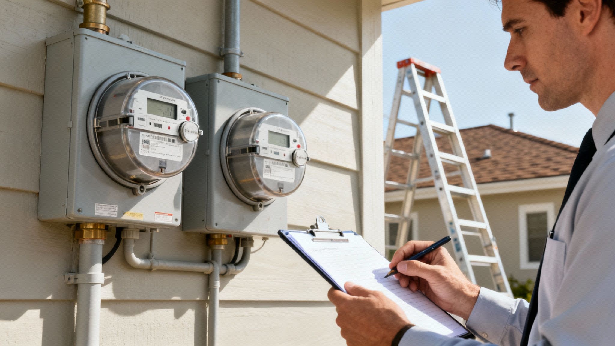 A utility worker inspects smart meters on a residential building, taking notes on a clipboard during a property check.
