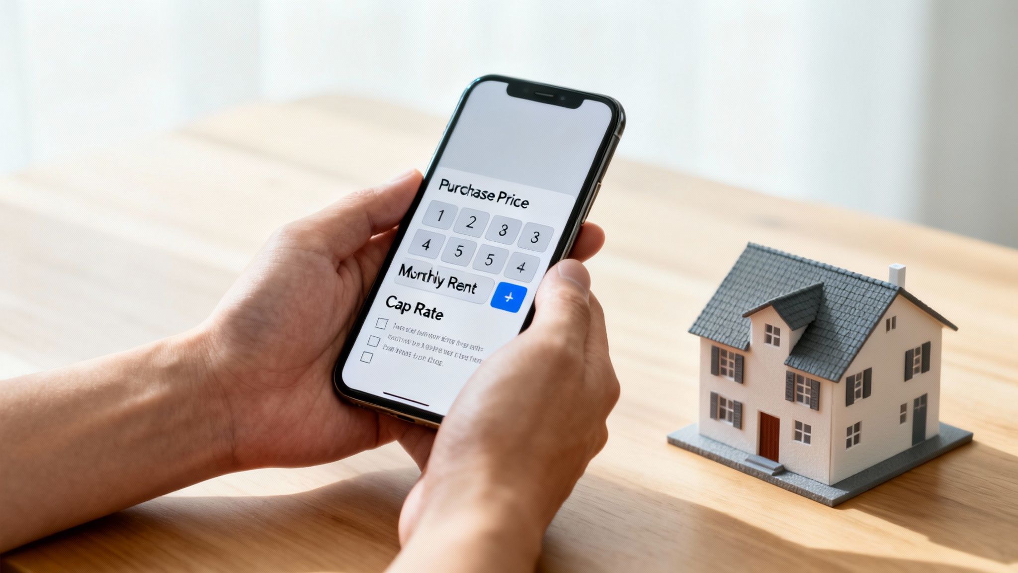 Hands using a smartphone app to calculate rental property valuation next to a miniature house model.