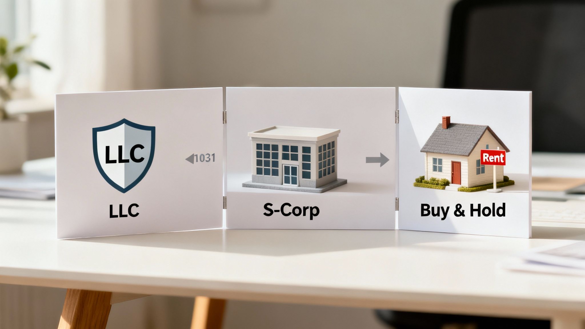 Three panels show LLC, S-Corp, 1031 exchange, and buy-and-hold real estate strategy.