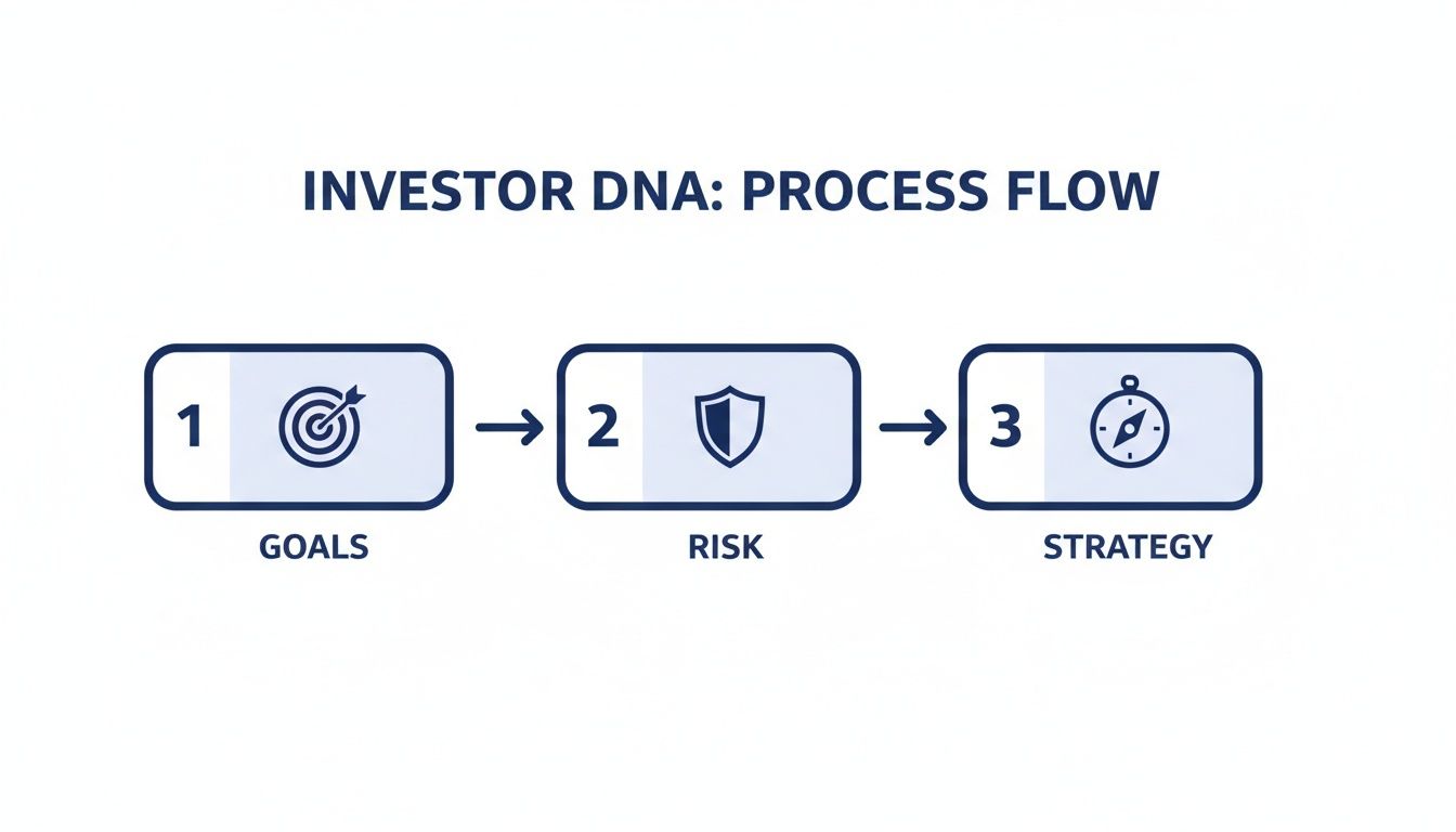 A three-step investor process flow diagram showing Goals, Risk, and Strategy with corresponding icons.