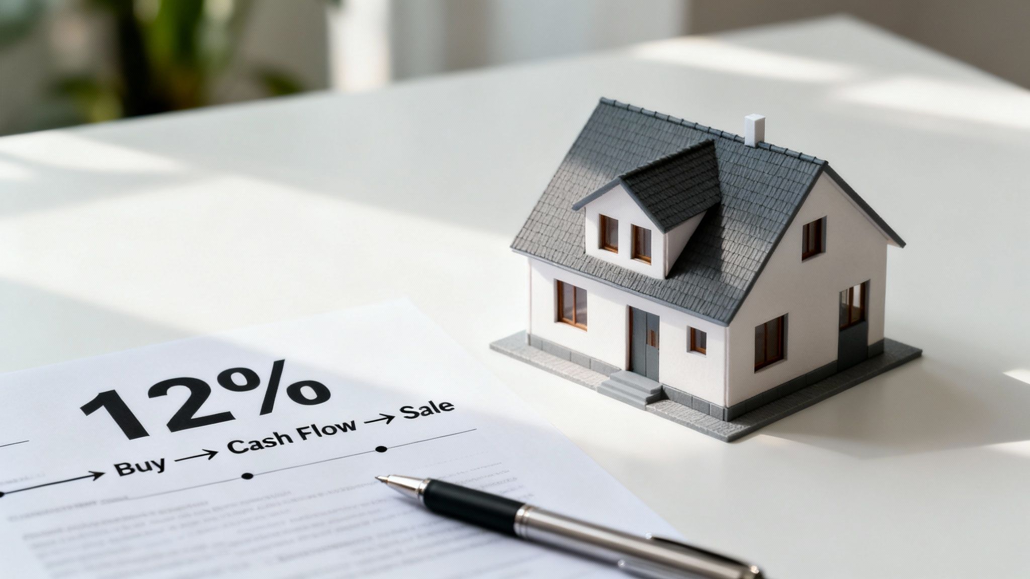 A miniature house model, a financial document detailing '12% Buy -> Cash Flow -> Sale,' and a pen on a desk.