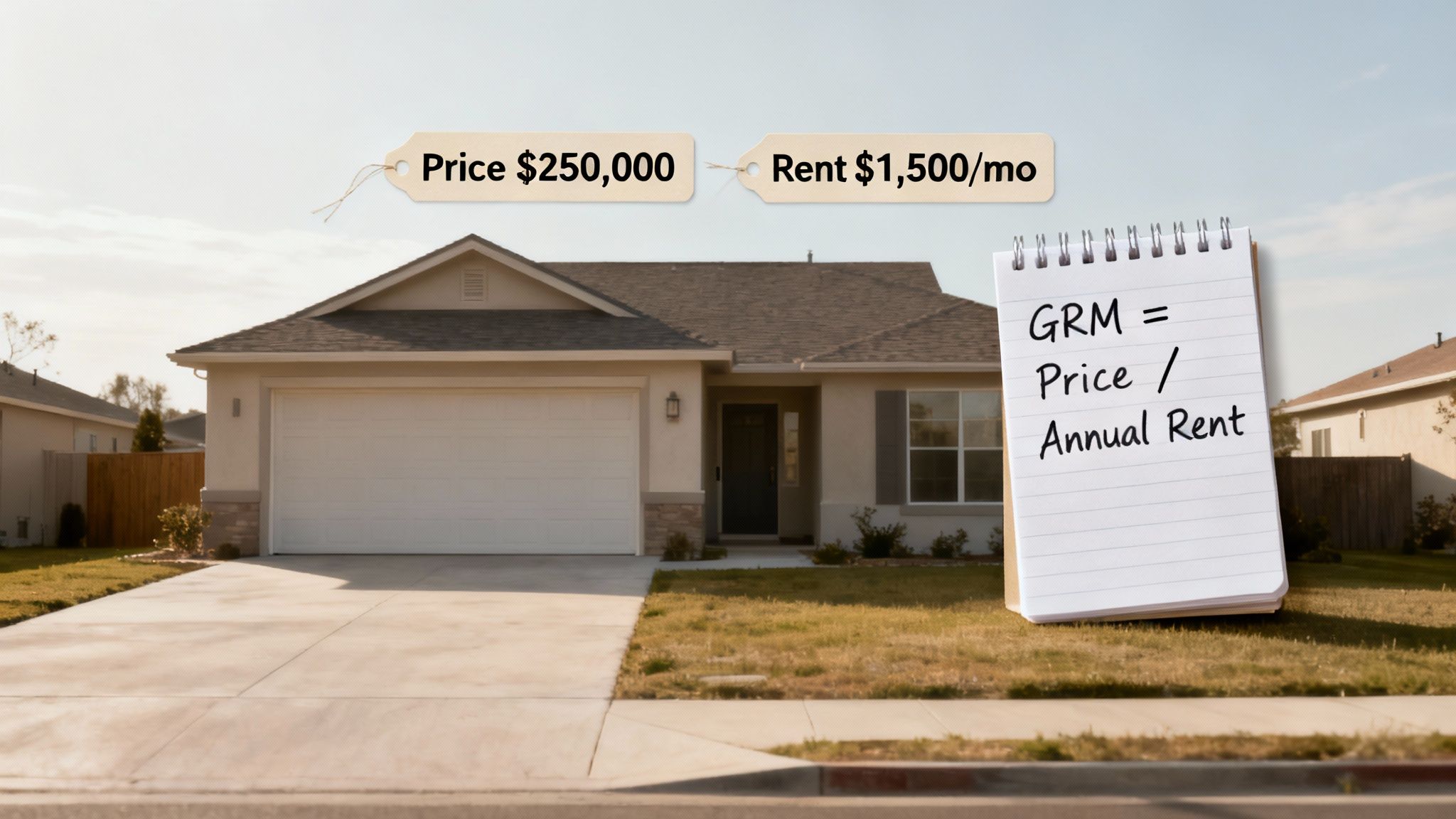 A house with price $250,000 and rent $1,500/mo tags, plus a GRM formula notebook.