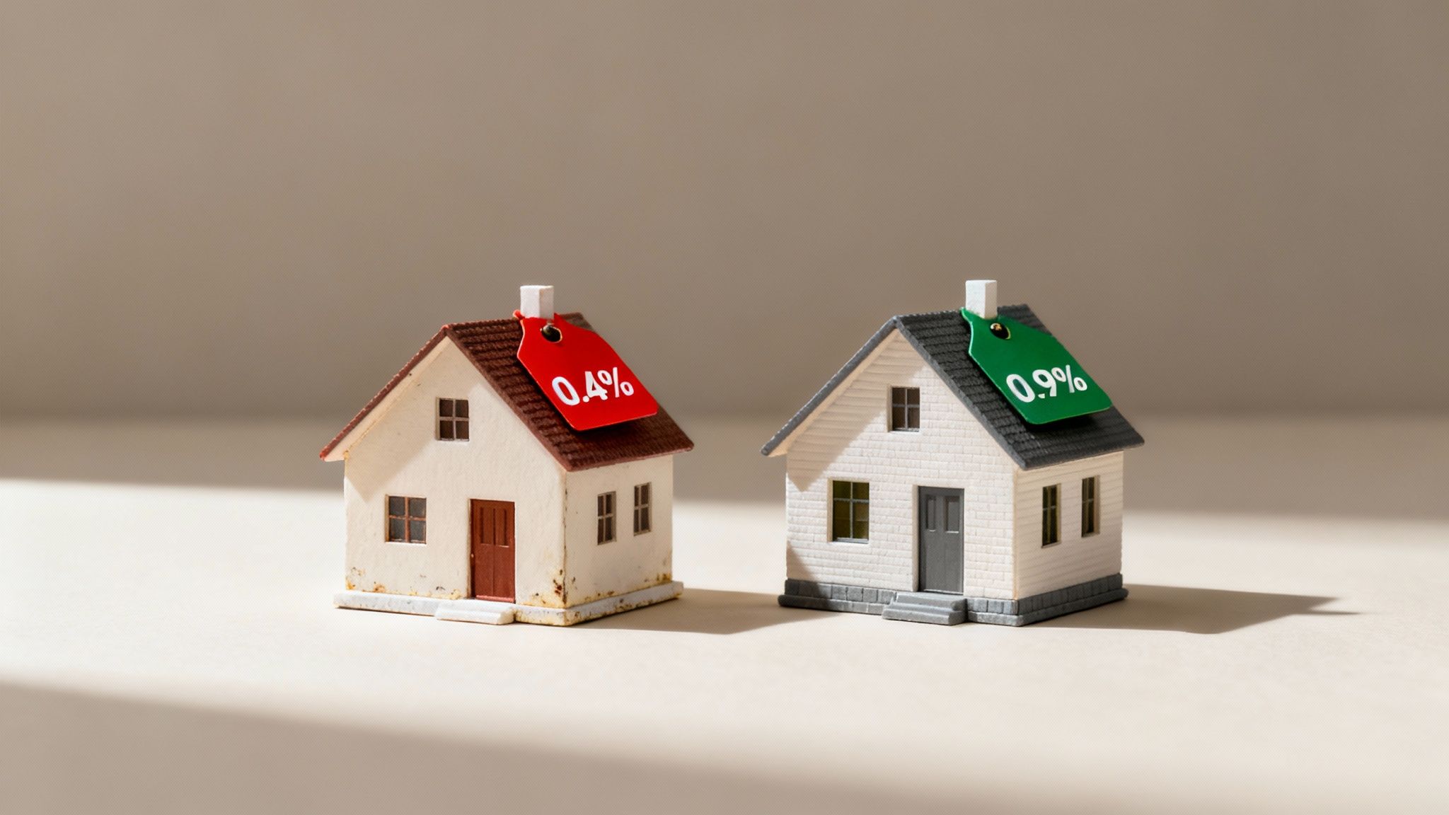 Two miniature houses with red 0.4% and green 0.9% tags, symbolizing real estate interest rate comparison.