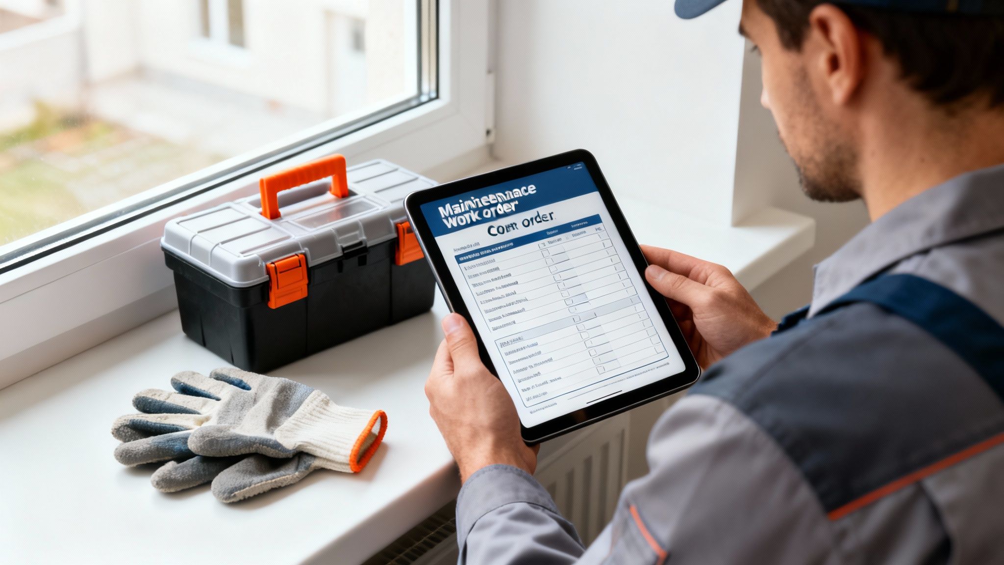 A maintenance worker in uniform reviews a digital work order on a tablet next to a toolbox and gloves.