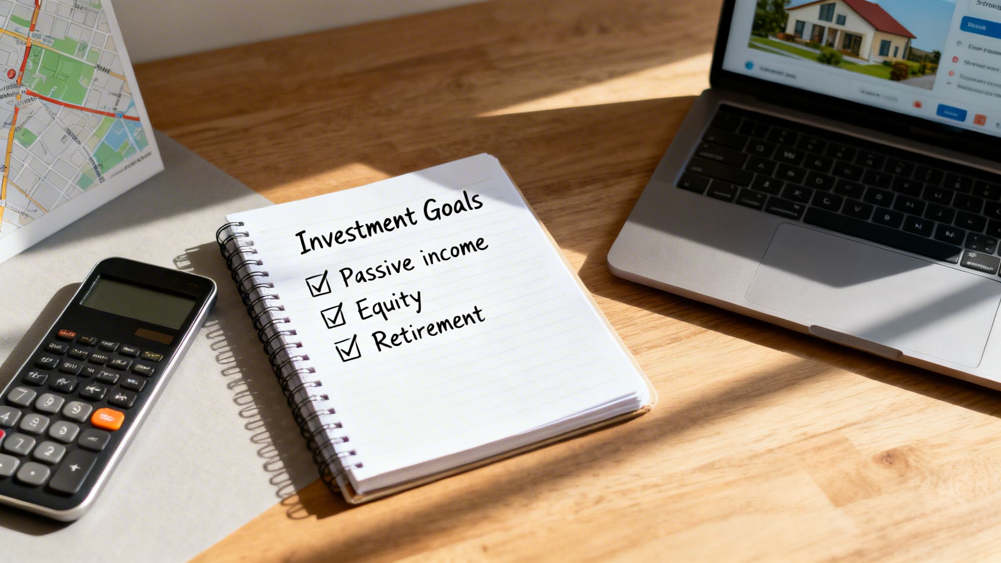A notebook titled 'Investment Goals' lists passive income, equity, and retirement, next to a calculator and laptop.