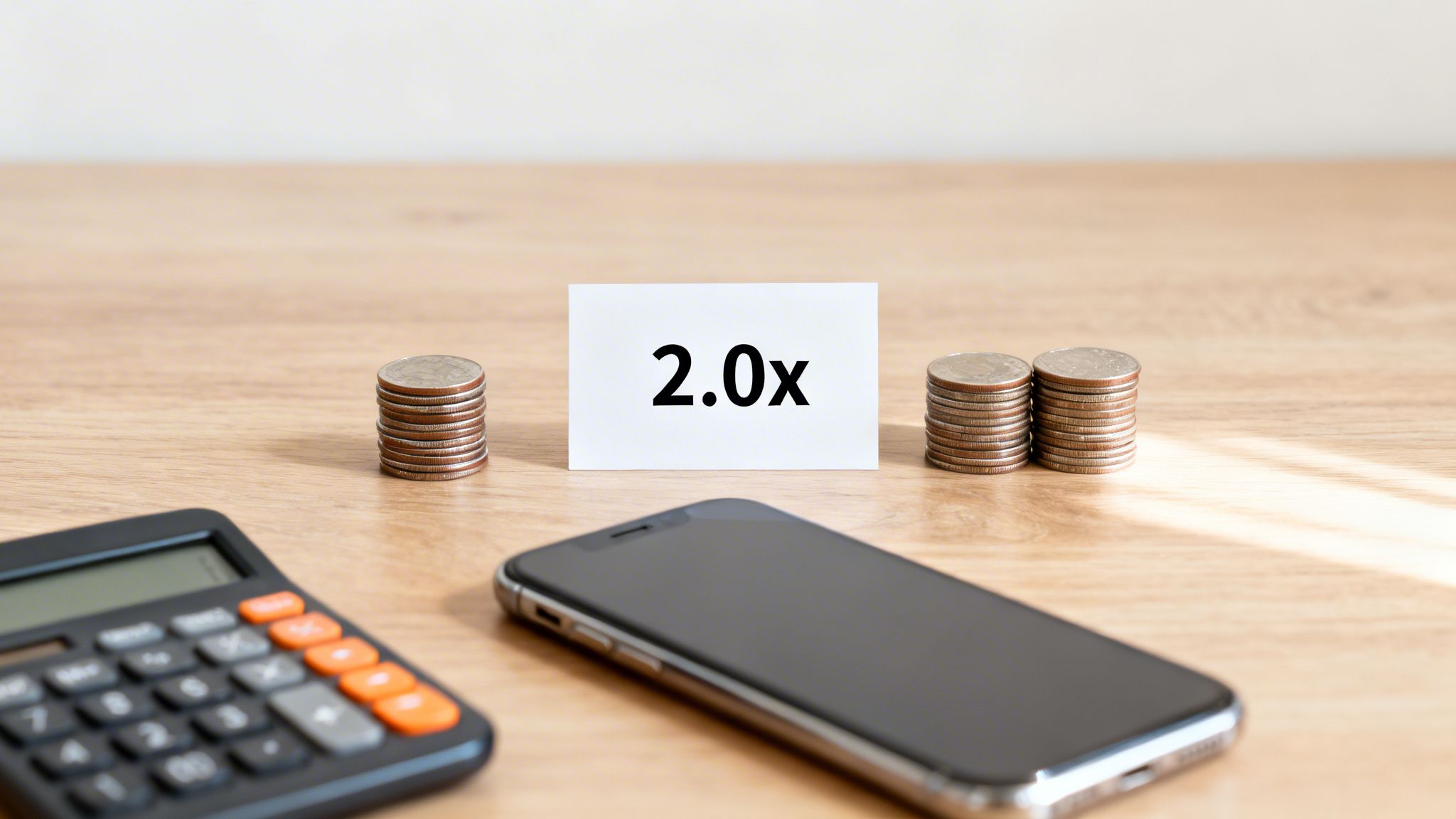 A calculator, smartphone, and two stacks of coins flank a '2.0x' card on a wooden desk.