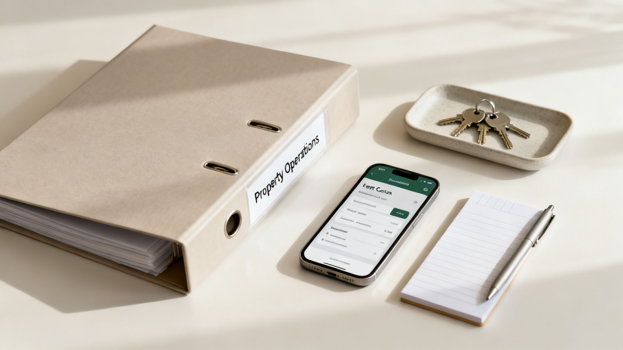 A minimalist desk setup with a 'Property Operations' binder, smartphone, keys, notepad, and pen.