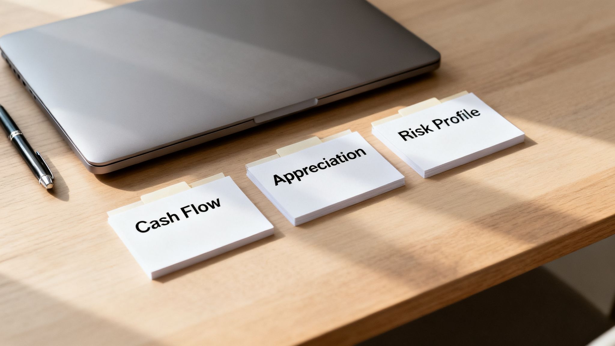 Three white cards with tabs labeled 'Cash Flow', 'Appreciation', and 'Risk Profile' on a wooden desk next to a closed laptop and a pen.