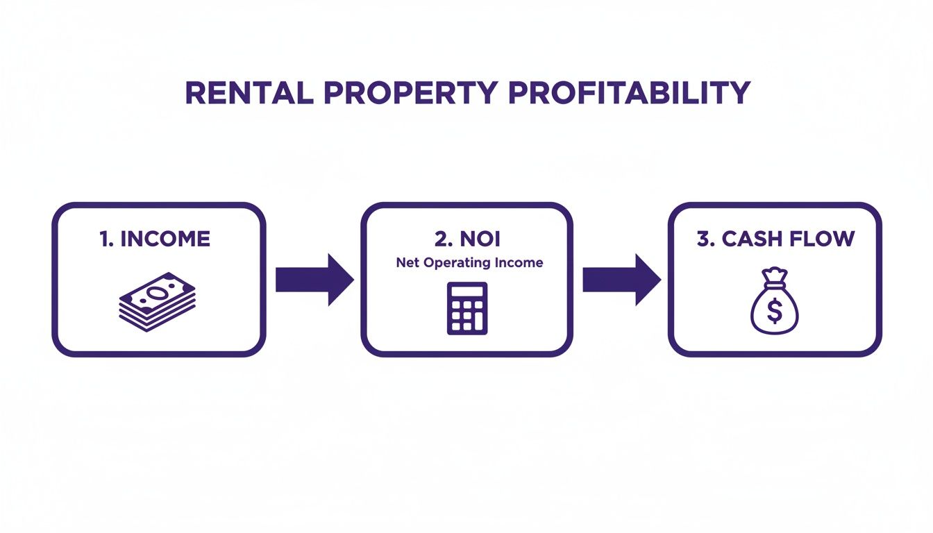 A flowchart illustrating rental property profitability, showing steps from income to net operating income and cash flow.