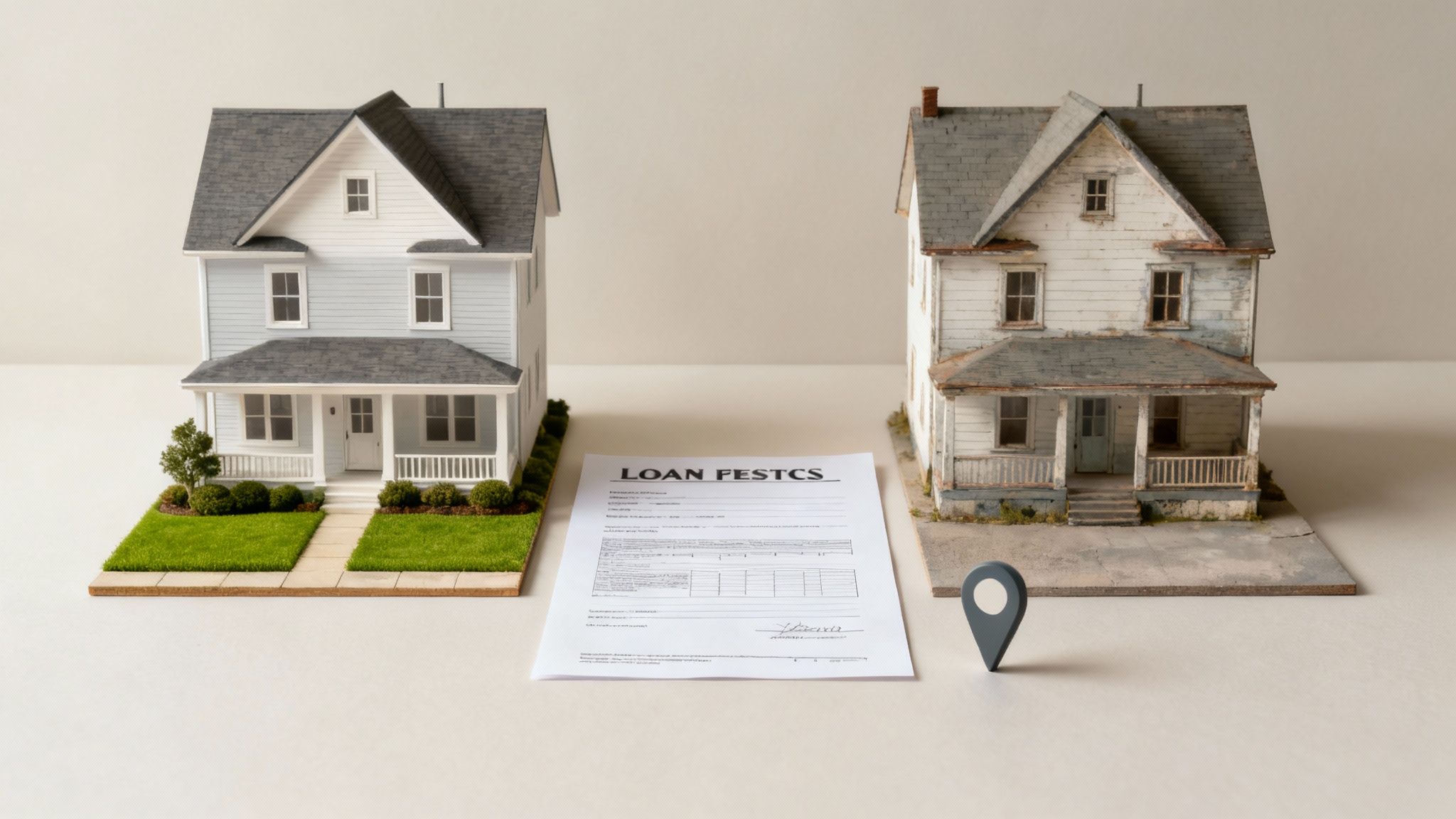 Side-by-side comparison of a new and an old house model with a mortgage application.