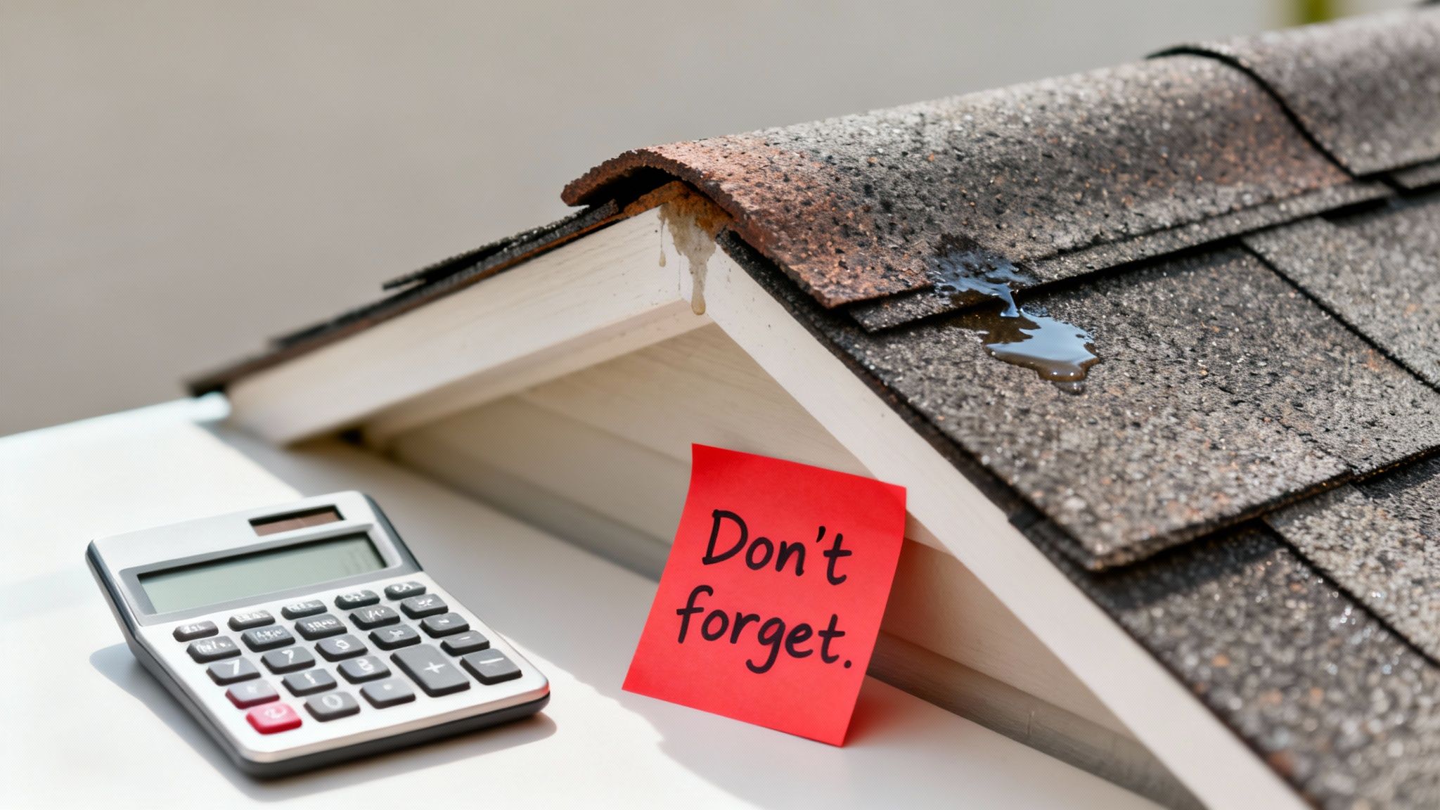 Calculator, a 'Don't forget' note, and a leaky miniature roof model, symbolizing property repair costs.