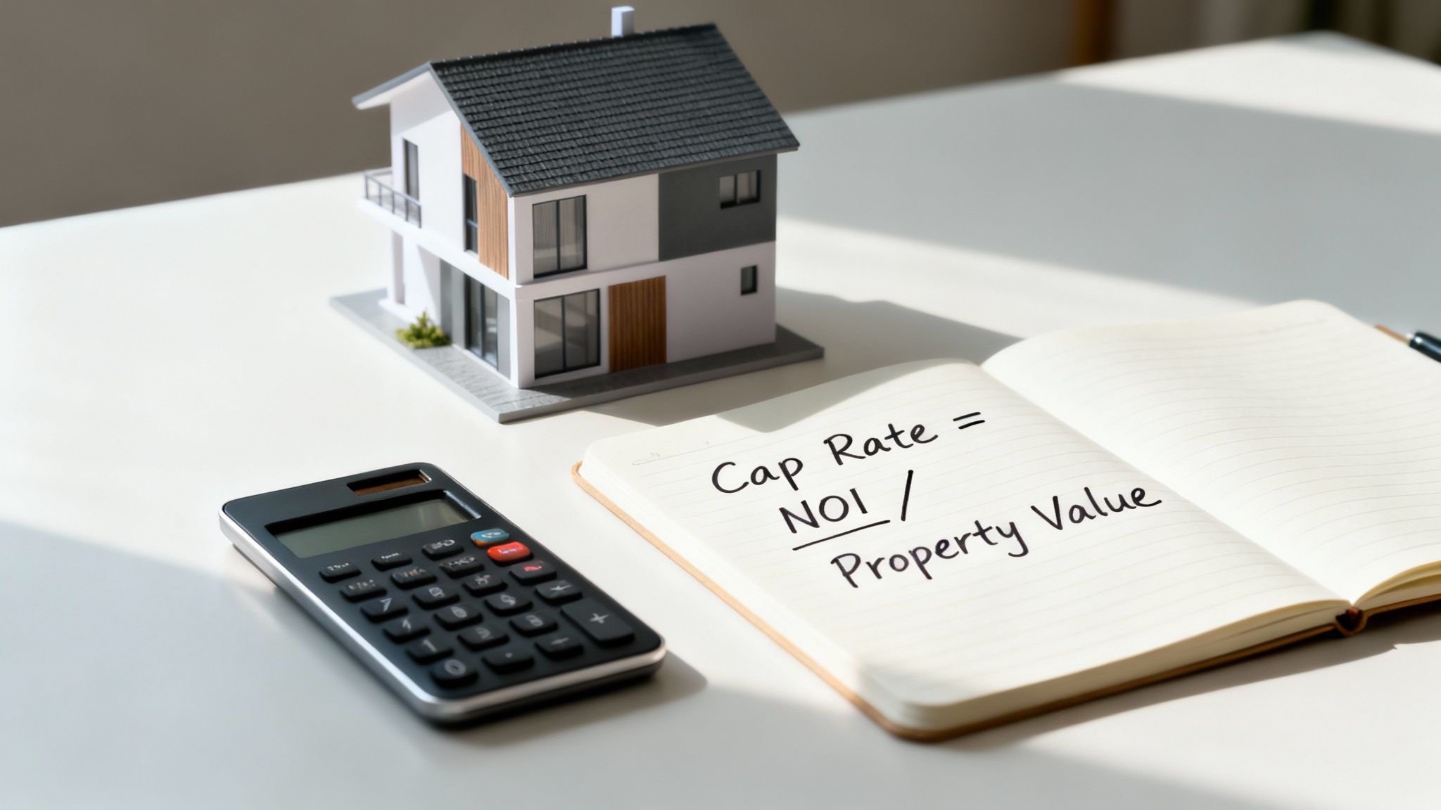A model house, calculator, and notebook showing the 'Cap Rate = NOI / Property Value' formula.