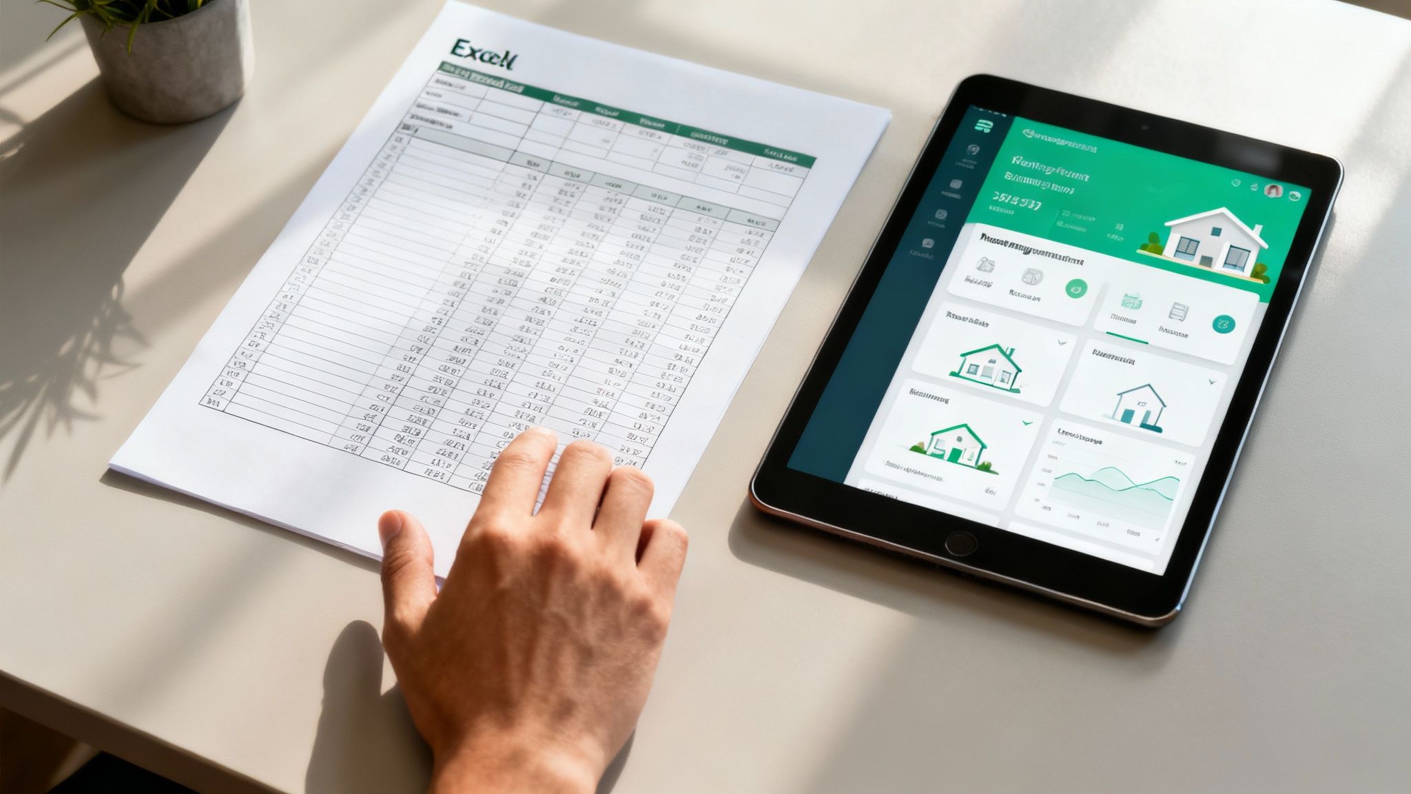 A person's hand reviewing an Excel spreadsheet next to a tablet displaying a real estate property management app.