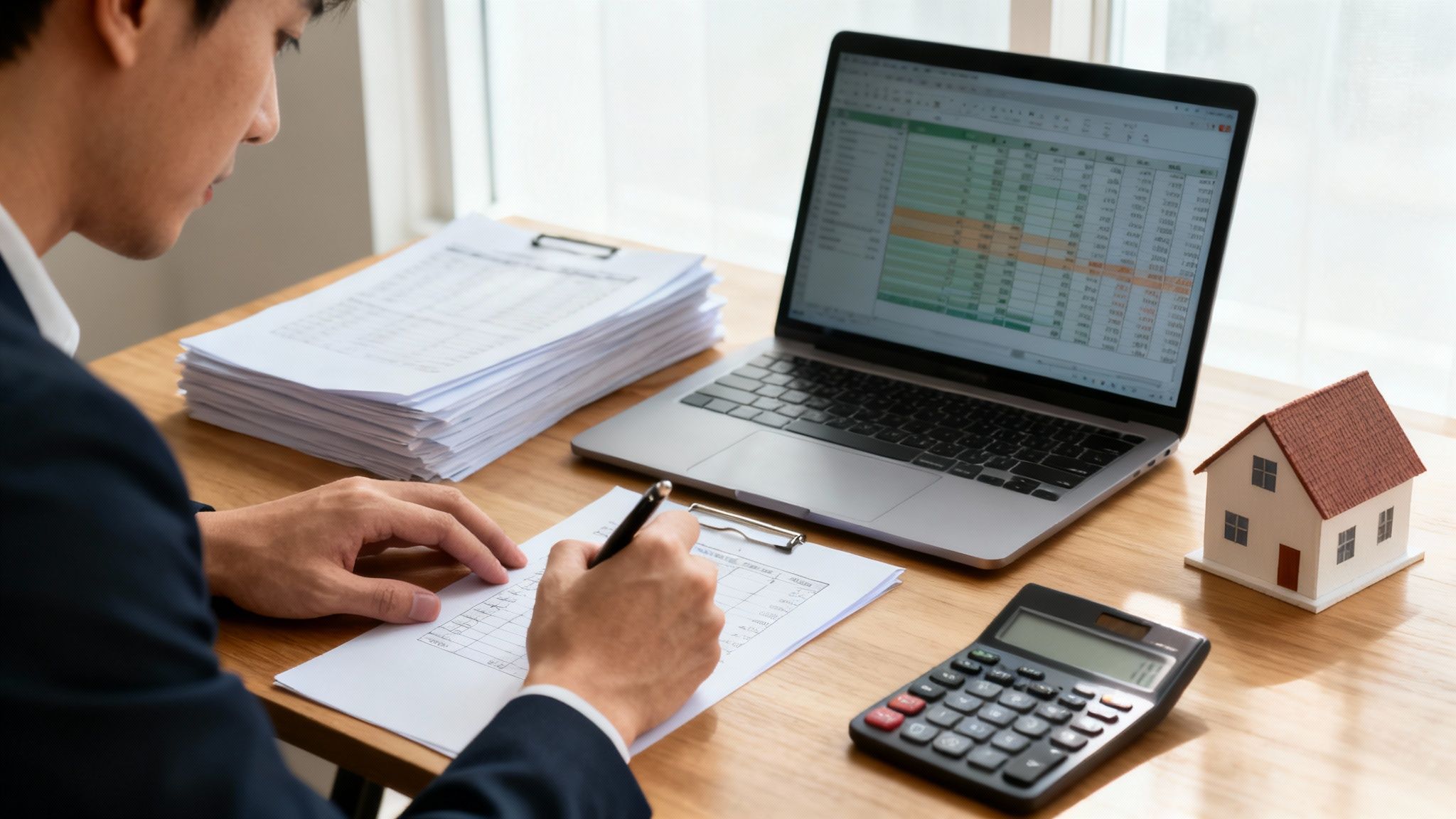 Man reviewing real estate financial documents, with a laptop, calculator, and a model house.