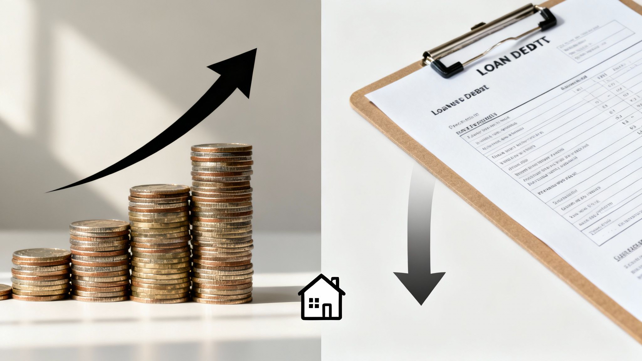 Stacks of coins and a house icon represent increasing wealth, while a loan document shows decreasing debt.