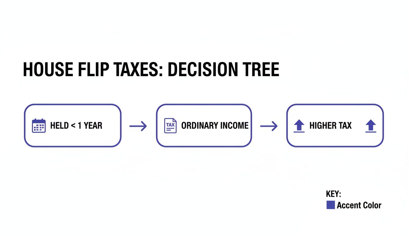 Decision tree explaining house flip taxes: holding for less than one year results in ordinary income and higher tax.