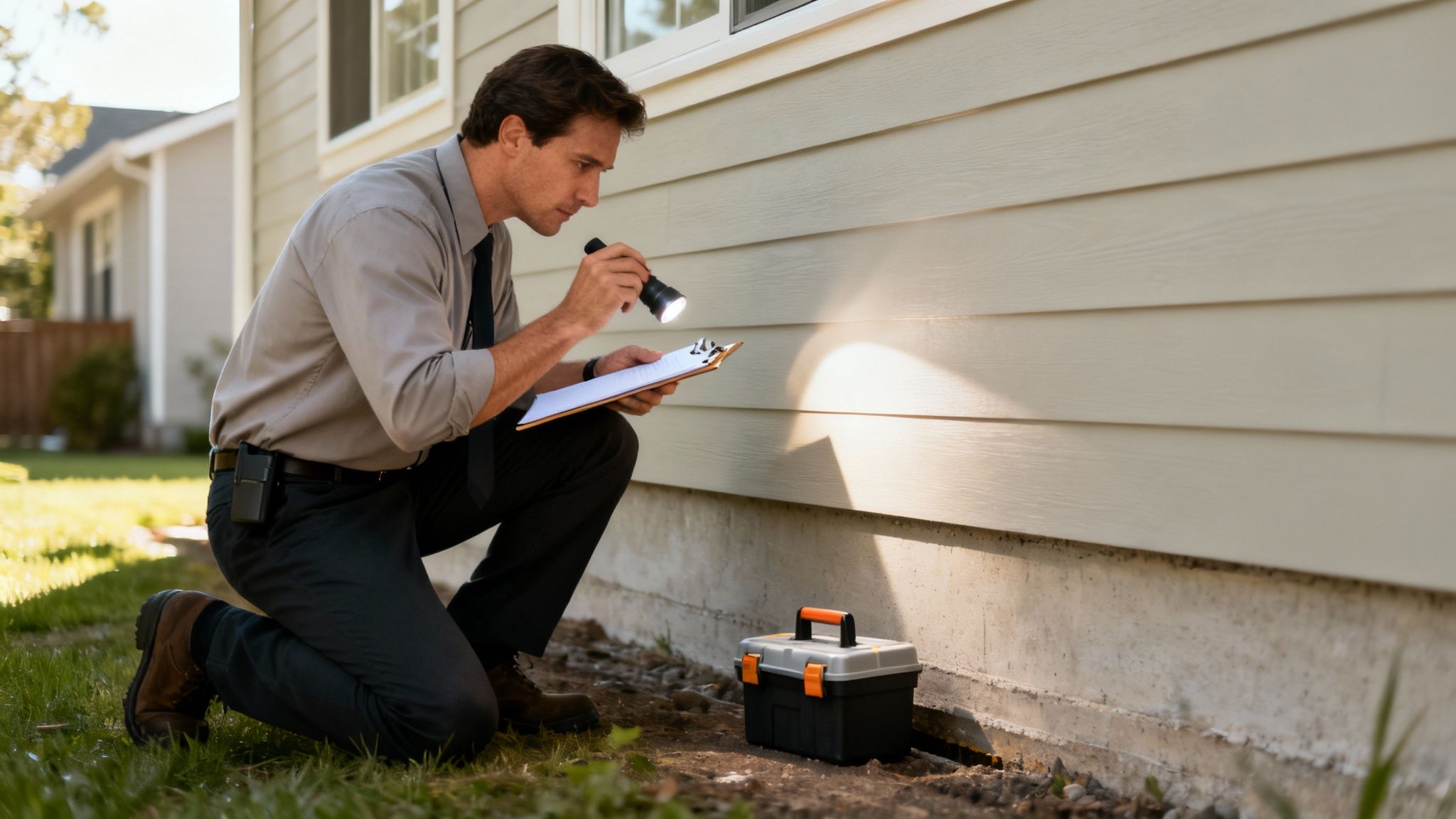A property inspector kneels, examining a house foundation with a flashlight and clipboard.