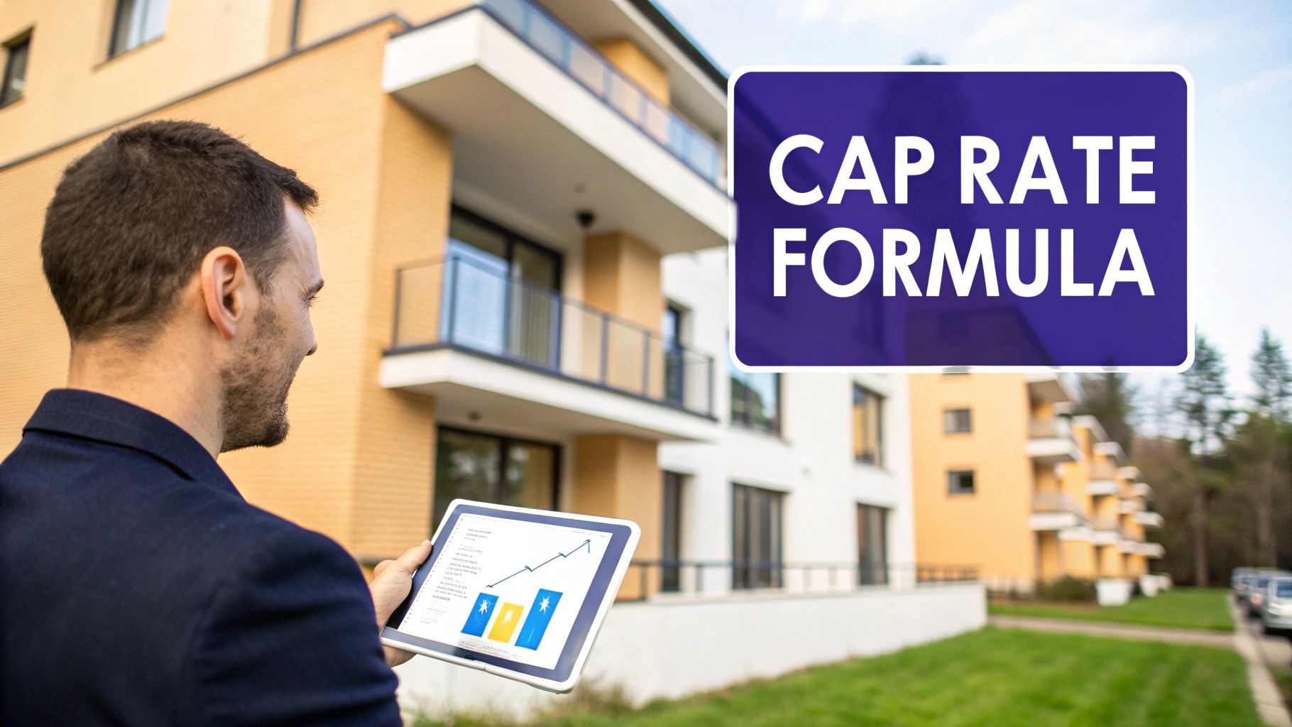 Real estate investor reviewing cap rate formula calculations on tablet in front of apartment building