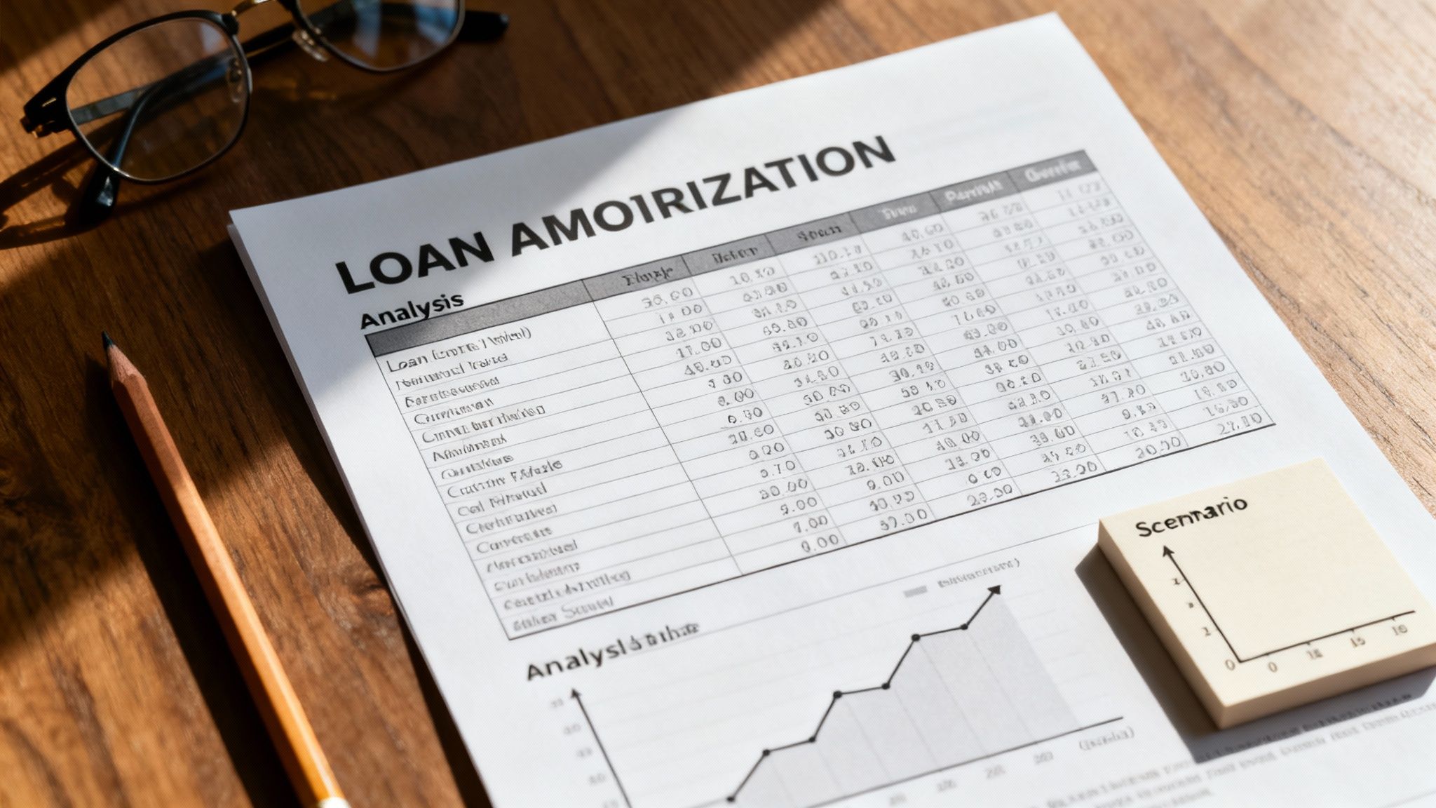 A close-up of a loan amortization spreadsheet on a wooden desk with reading glasses, a pencil, and 'Scenario' sticky notes.