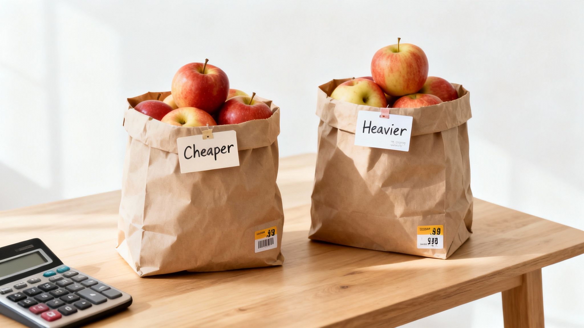 Two paper bags filled with red apples, labeled 'Cheaper' and 'Heavier', on a wooden table with a calculator.