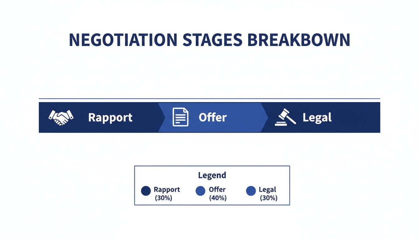 A visual breakdown of negotiation stages: Rapport (30%), Offer (40%), and Legal (30%).